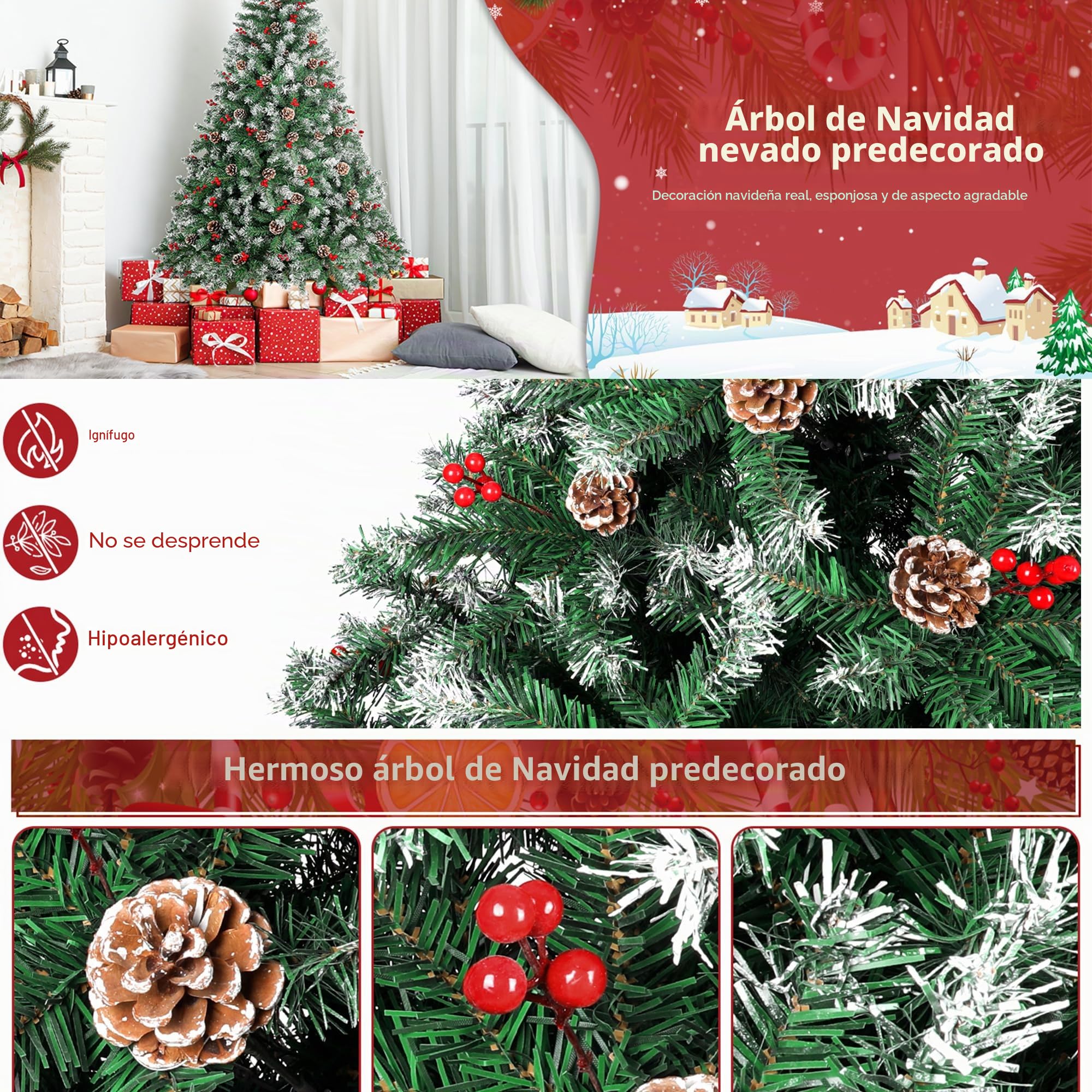 Carnavalife Arbol de Navidad Plegable con Decoracion Piña Frutos Rojos y Nieve, Arbol Navidad Artificial Robusto con Pie Metal Fácil Montaje para Exterior e Interior (Arbol con Fruto, 120CM)