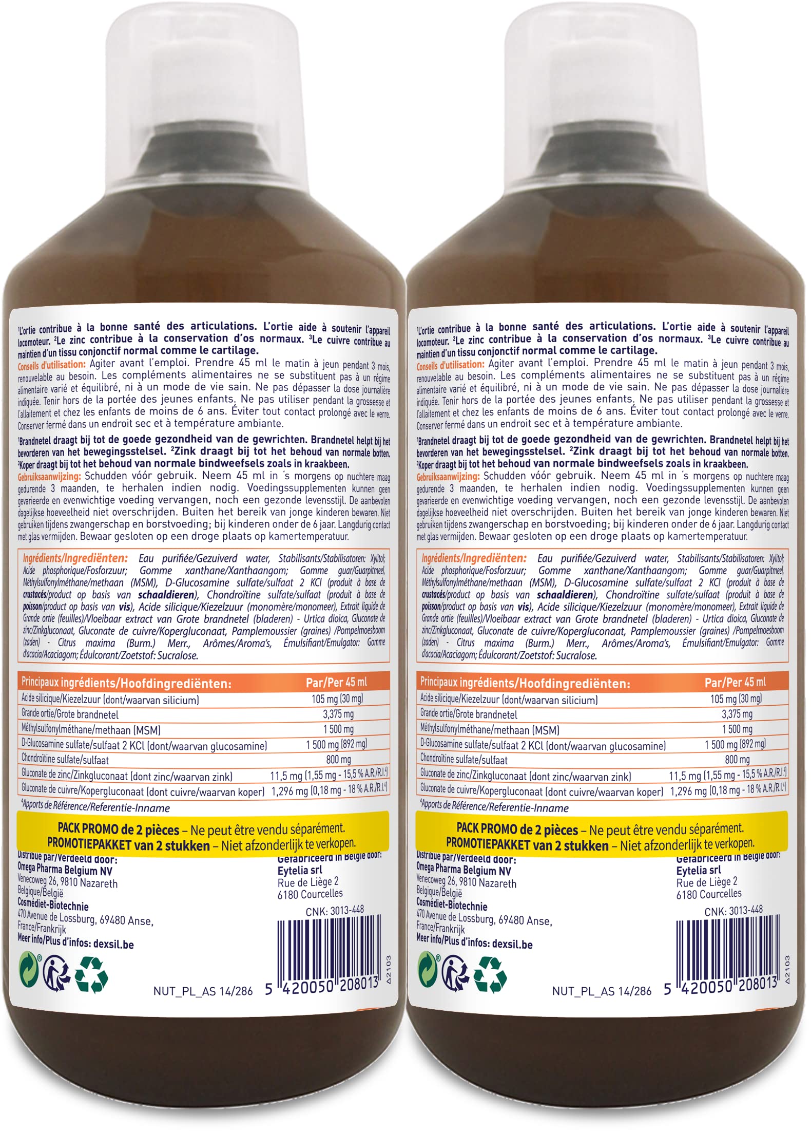 Dexsil Forte Articulations - Complément Alimentaire - Soutient les Articulations - Solution à Base de Silicium Organique, MSM, Glucosamine, Zinc et Cuivre - 1 l, Lot de 2