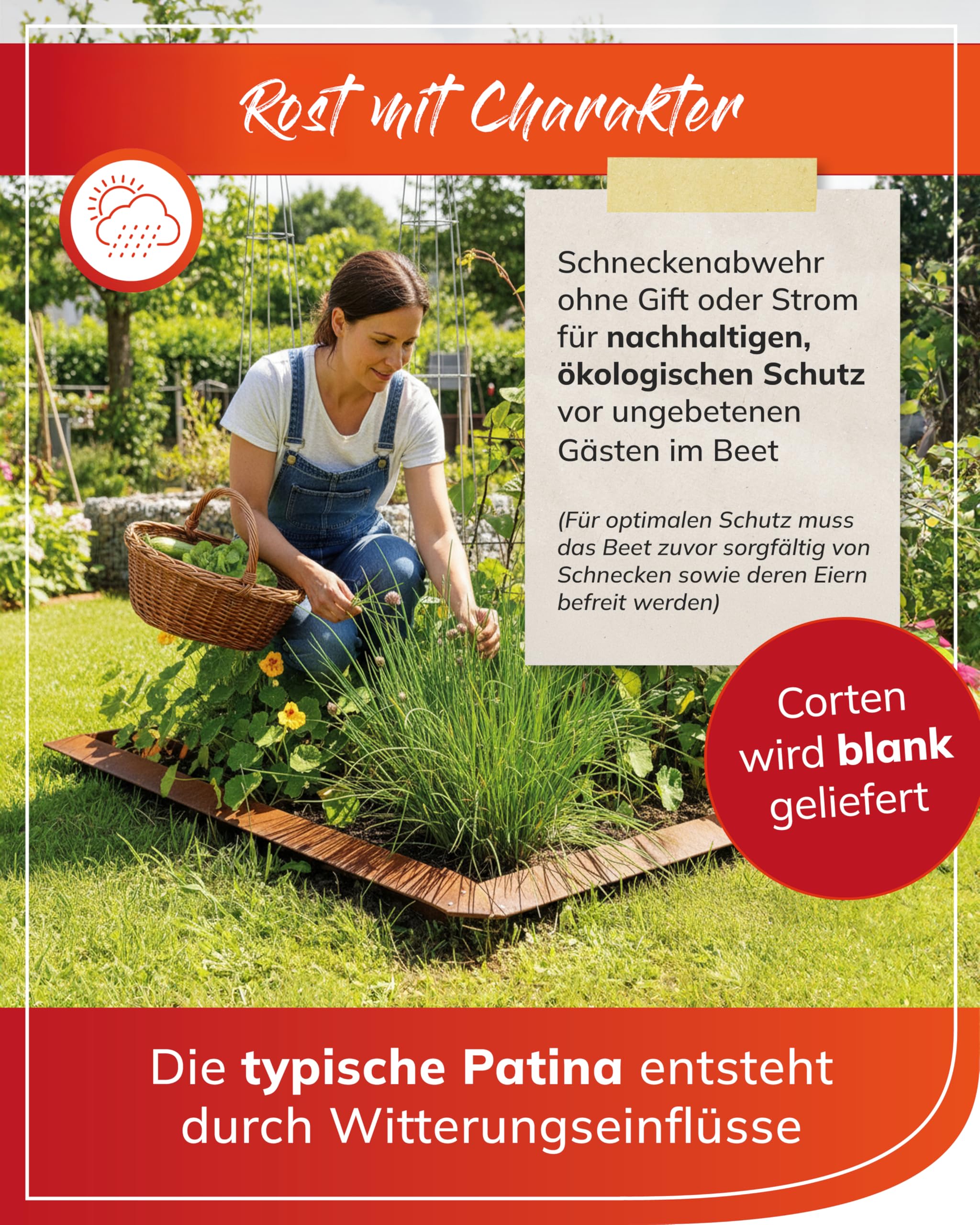 bellissa Schneckenzaun 14-teilig Rasenkante Cortenstahl 20 cm | Premium Beeteinfassung & Beetumrandung, langlebige Schneckenabwehr, Schneckenblech