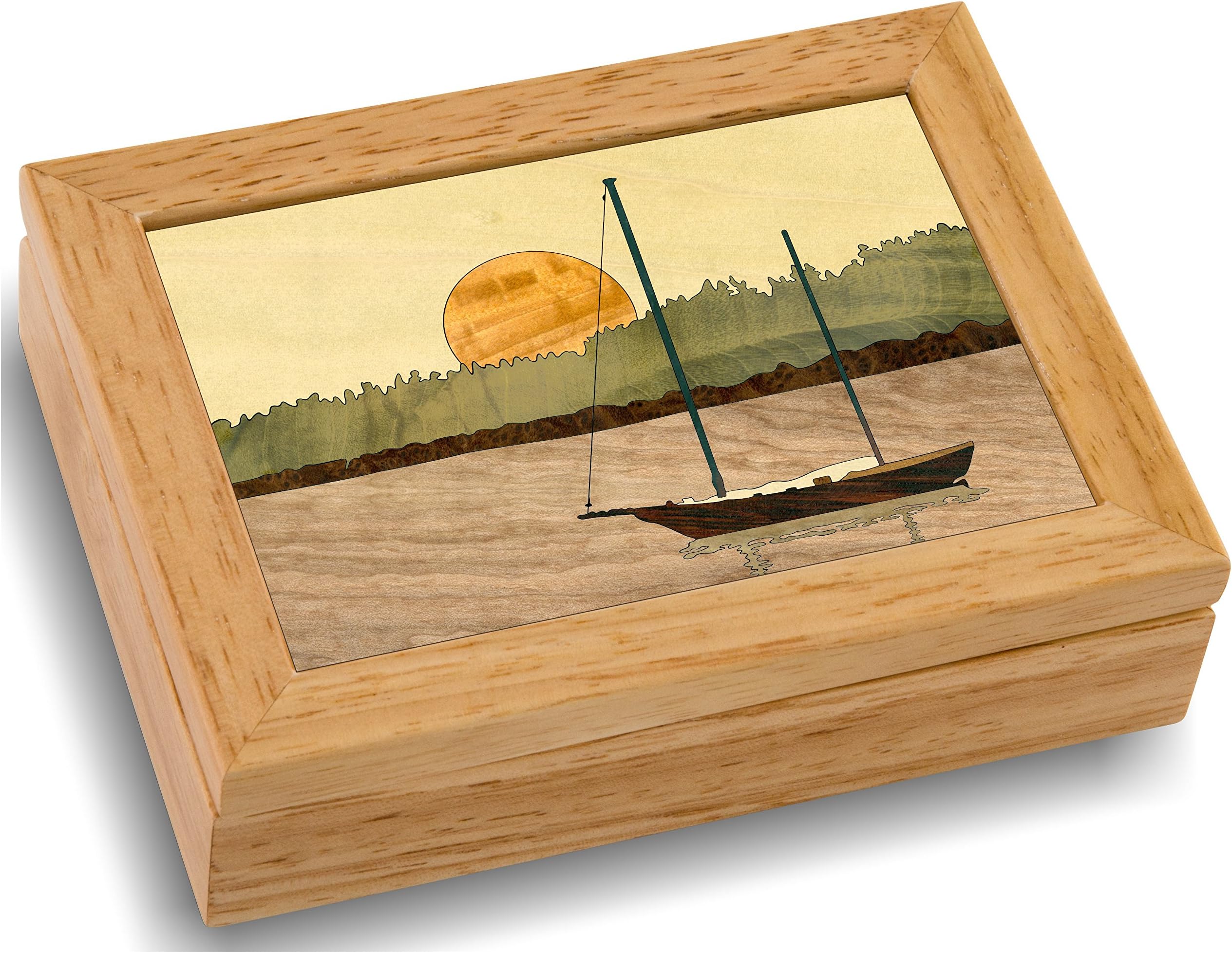 Wood Art Sailing Box - Handmade USA - Unmatched Quality - Unique, No Two are the Same - Original Work of Wood Art. A Sailboat Gift, Ring, Trinket or Wood Jewelry Box (#4129 Sailboat in Harbor 4x5x1.5)