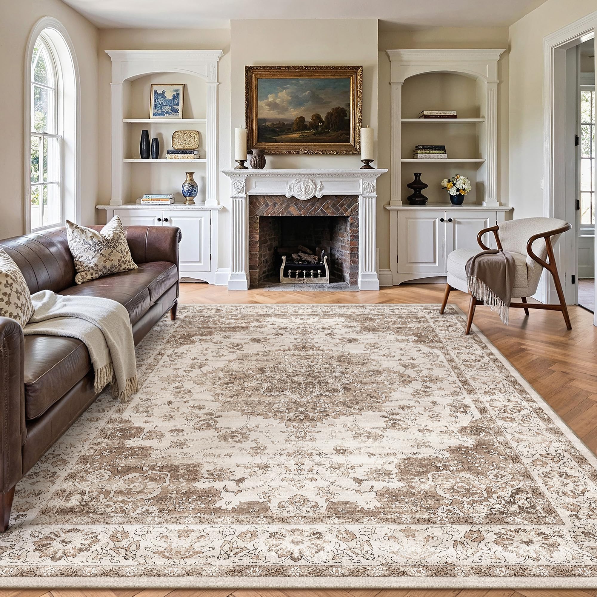 PureCozy Brown Living Room Area Rug, 240x300cm Machine Washable Non Slip Vintage Traditional Extra Large for Bedroom Dining Room Office, Stain Resistant Thin Printed Carpet for Indoor Home Decor