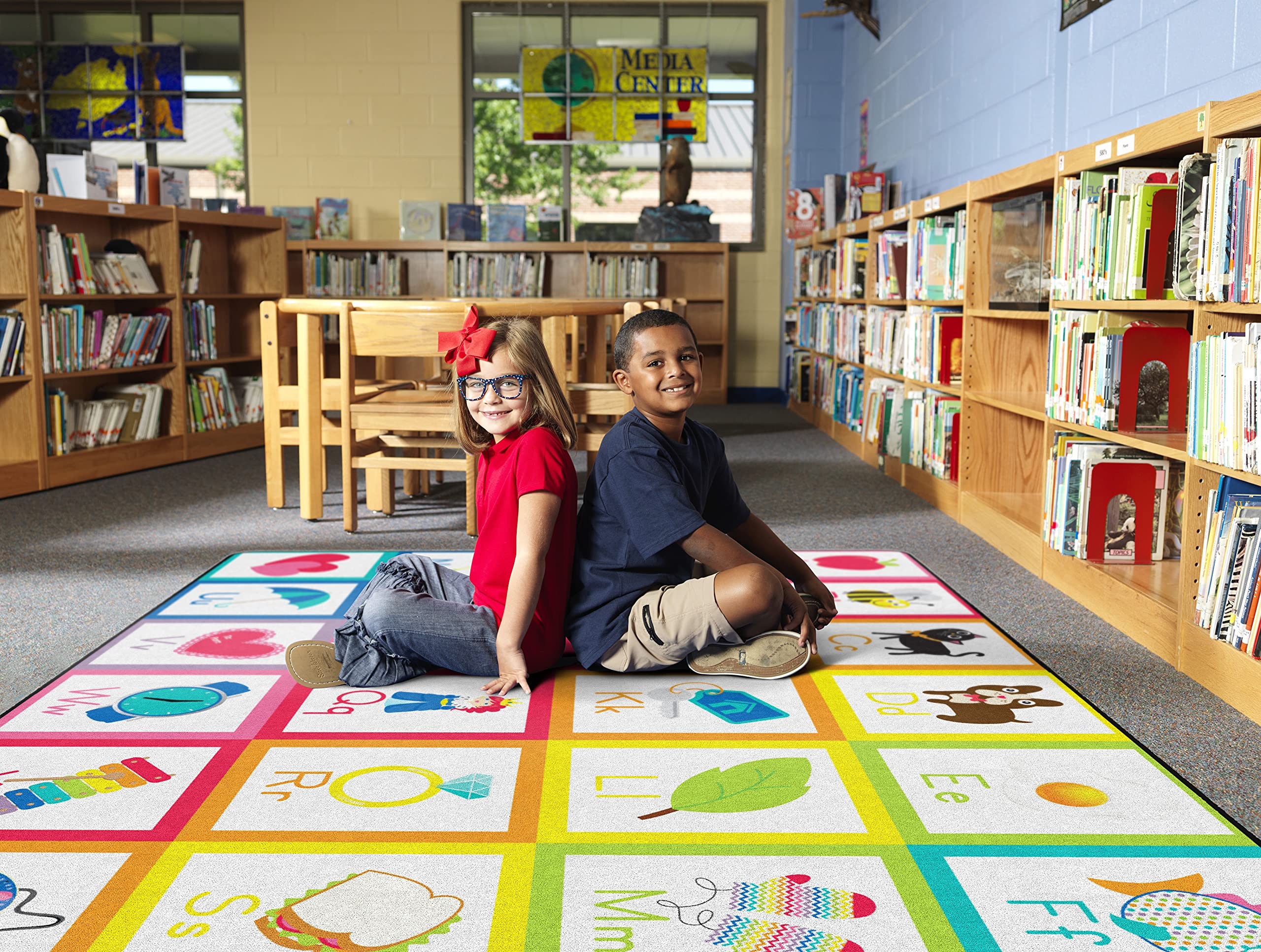 Flagship Carpets Schoolgirl Style Rainbow Alphabet Criss Cross Applesauce Classroom Area Rug for Indoor Classroom Learning or Kid Bedroom Educational Play Mat, 7'6