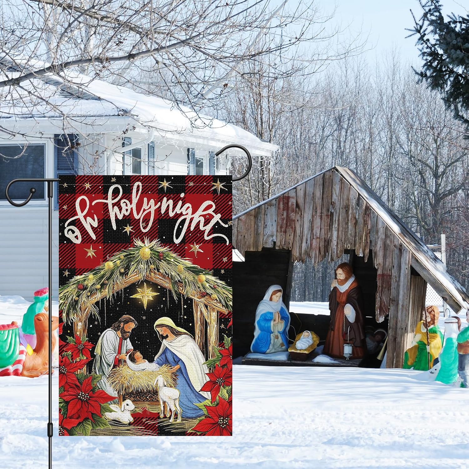 Heyfibro Nativity Christ O Holy Night Christmas Garden Flag 12 x 18 Inch Double Sided Burlap Jesus Religious Red Buffalo Plaid Yard Flags for Xmas Winter Farmhouse Seasonal Decor(ONLY FLAG) - Image 2
