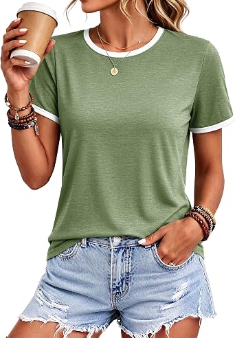 YUCOLEN Womens Short Sleeve T-Shirts Ringer Tee Color Block Summer Tops | Casual Soft Crewneck Workout Clothes Breathable Shirts Trendy Lightweight Tops Daily Wear Basic Tee Fashion Outfits S-2XL