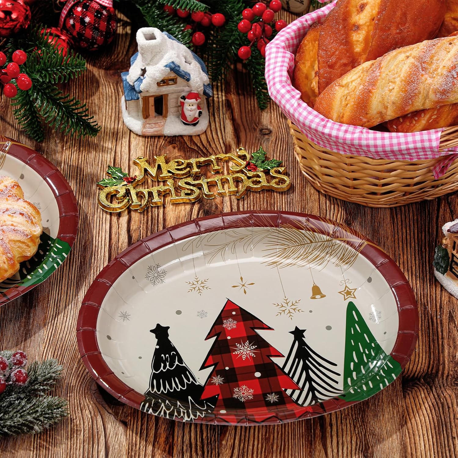 Havawish 100 Pcs Large Christmas Oval Paper Plates 10.8" x 12.6" Christmas Disposable Party Trays Xmas Paper Platters Dinner Serving Plates for xmas Holiday Dinner Table Supplies(Christmas Tree)