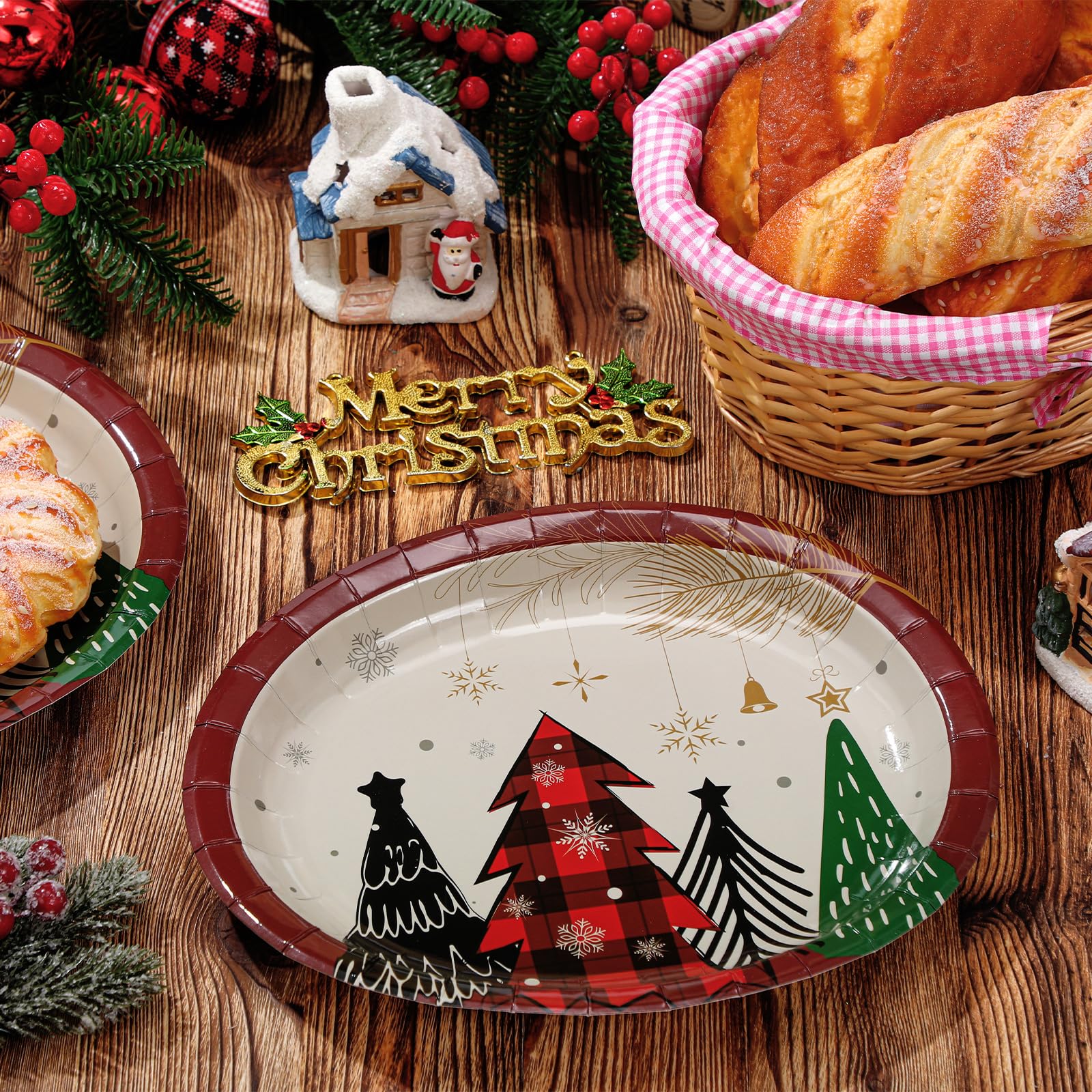 Havawish 100 platos de papel ovalados de Navidad, bandejas desechables para fiestas, platos ovalados de papel de Navidad, platos grandes para servir dulces, galletas, cenas, suministros de boda (árbol