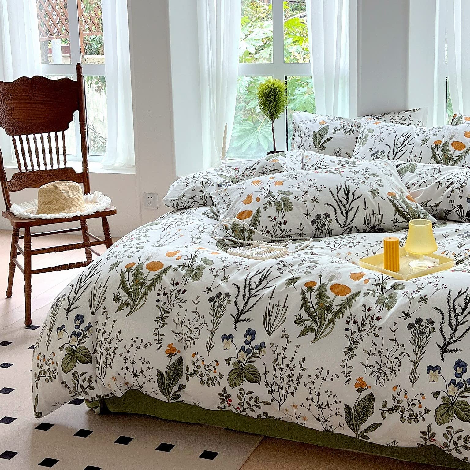 CozyTide Floral Comforter Set King Size 600 Thread Count Cotton Comforter Sets 3Pcs Floral