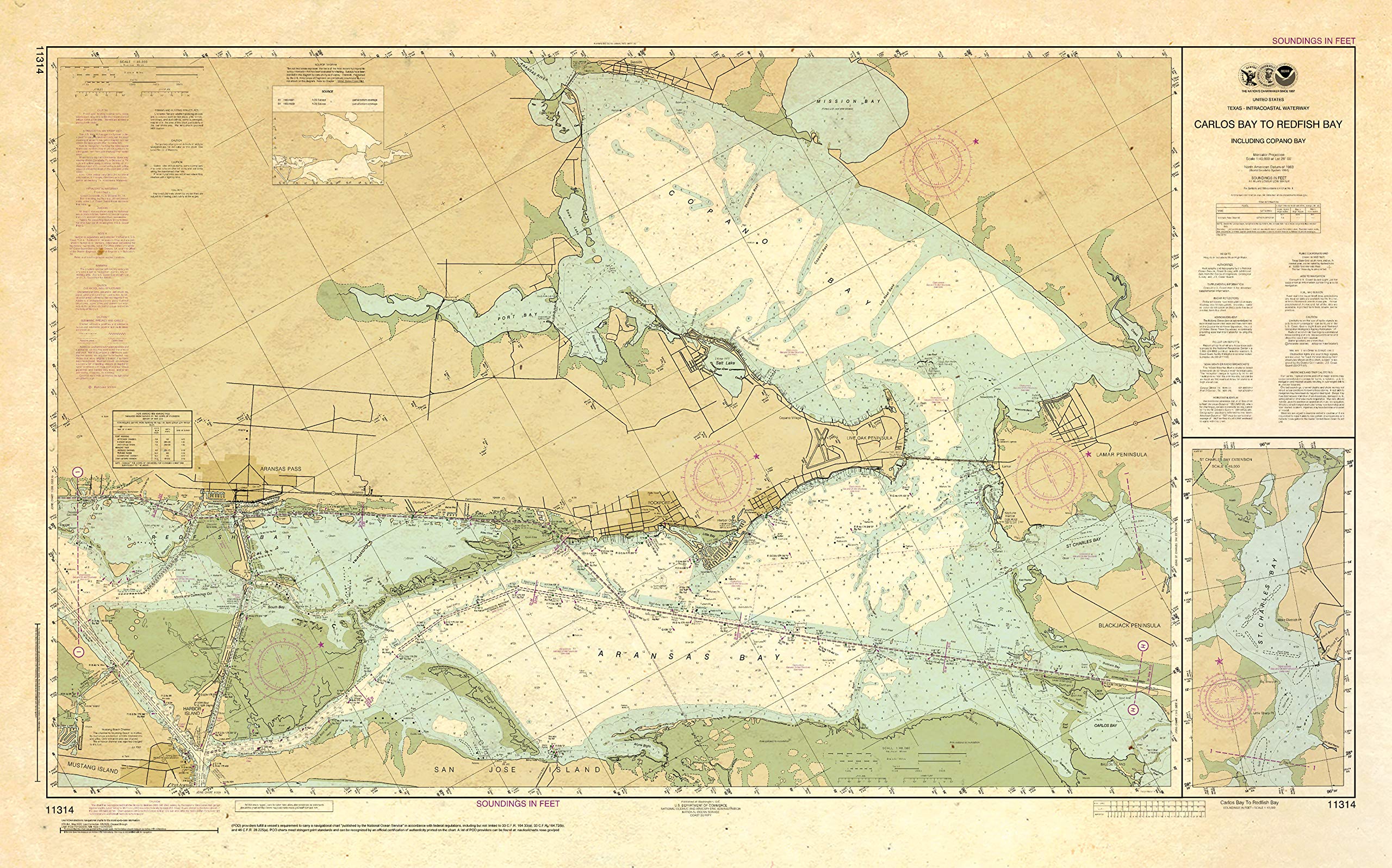 Paradise Cay Publications, Inc. Antiqued NOAA Chart 11314: Intracoastal Waterway Carlos Bay to Redfish Bay: Including Copano Bay