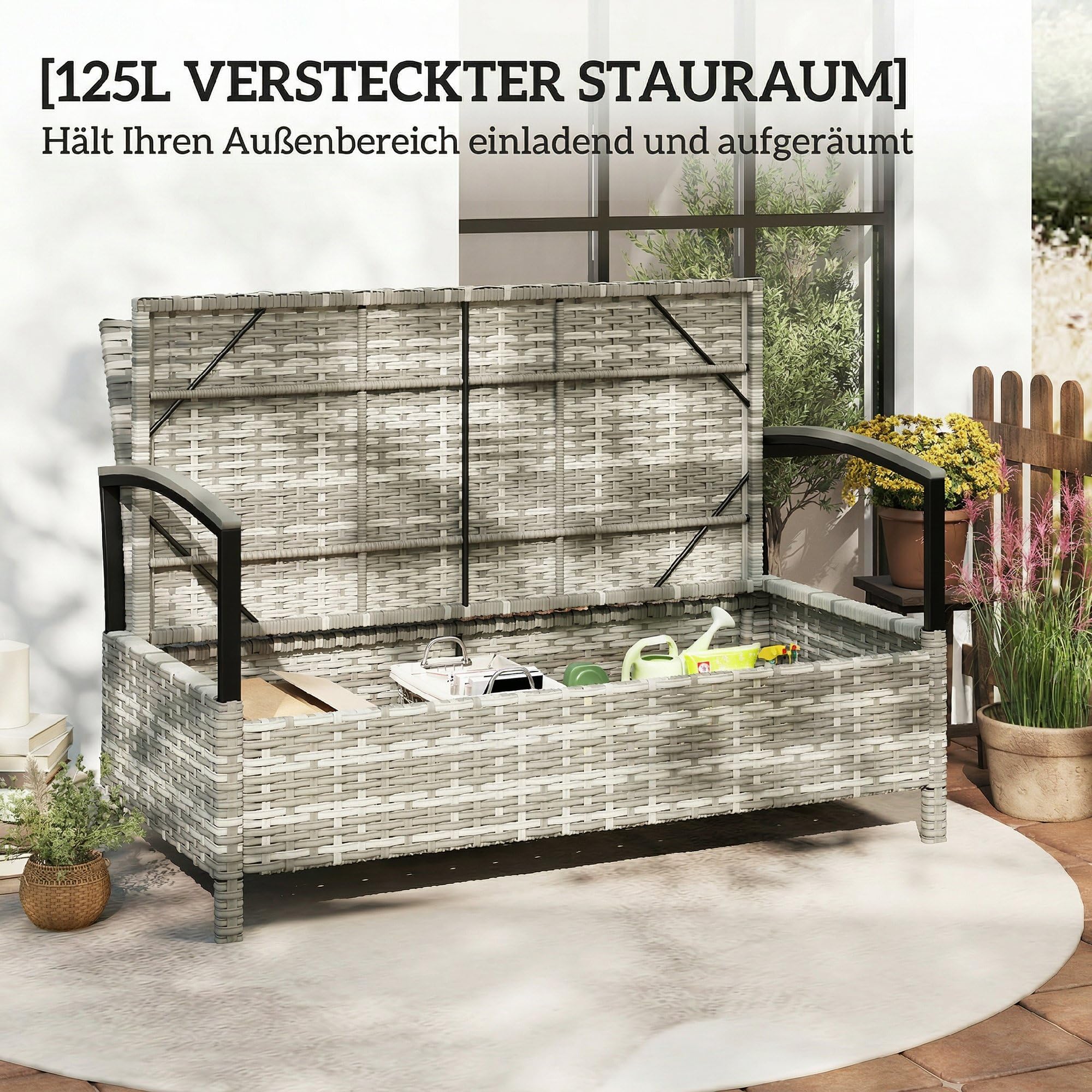 Outsunny Gartenbank mit Stauraum 2-Sitzer Sitzbank mit Kissen Haltegriffen 125L Aufbewahrungsbank Aufbewahrungsbox Bank für Flur Schlafzimmer Wohnzimmer Poly Rattan 123 x 70 x 82 cm Dunkelgrau