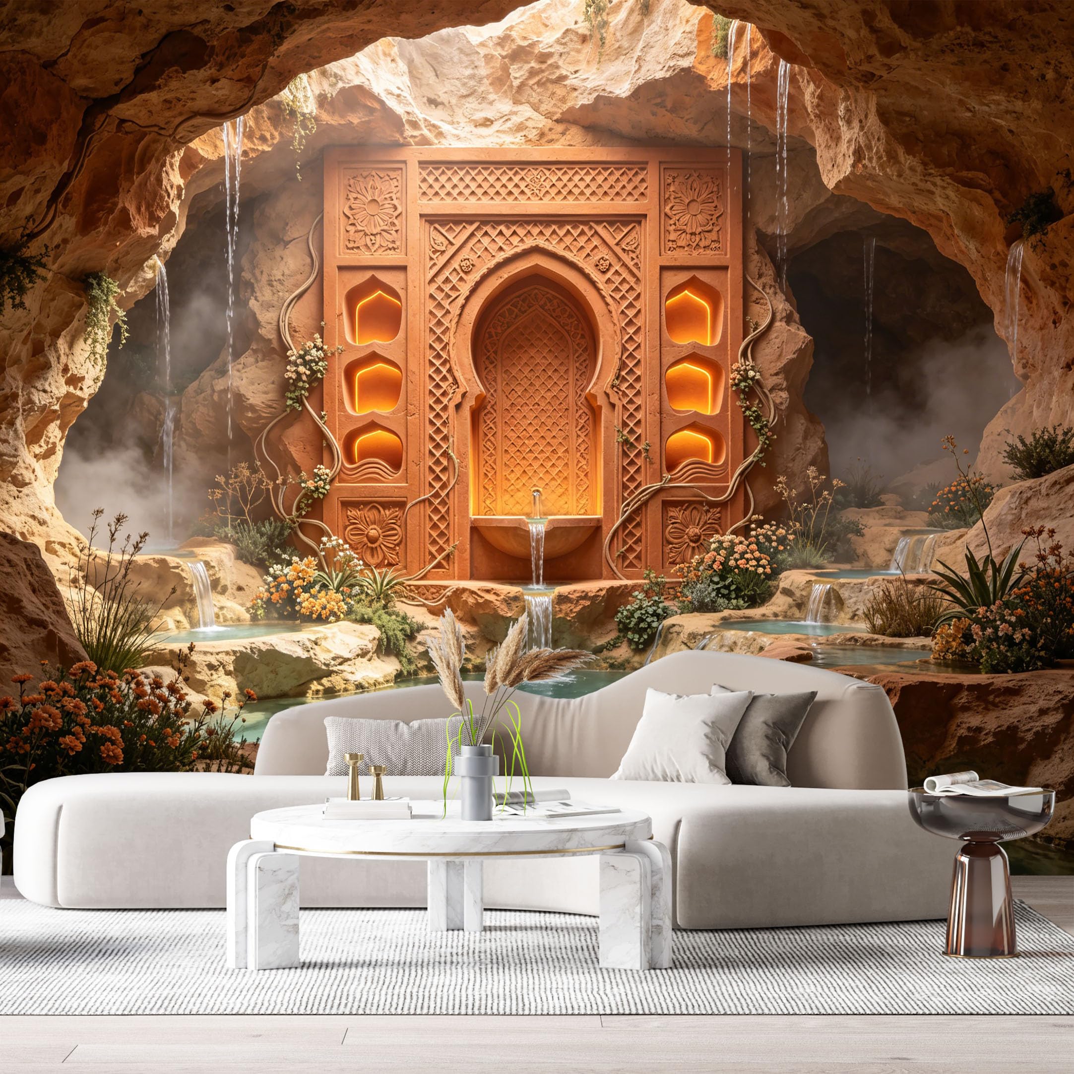 Custom Size Wall Murals Underground Grotto Fantasy Oasis Waterfall 3D Trompe L'Oeil SelfAdhesiveWall Fabric Removable Wallpaper Wall Decor for Living Room Bedroom Bathroom