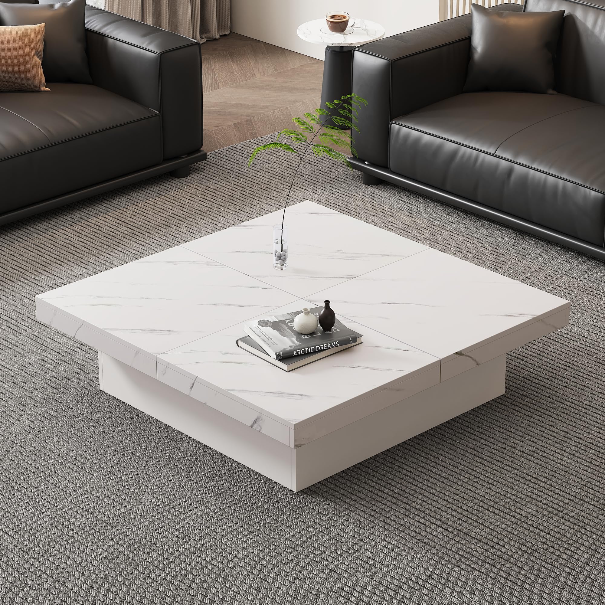 BTM Moderner Weißer Quadratischer Couchtisch mit Marmor-Optik, 90 x 90 x 25 cm – Vier Schubladen, Schiebbarer Tischplatte, Belastbar bis 30 kg