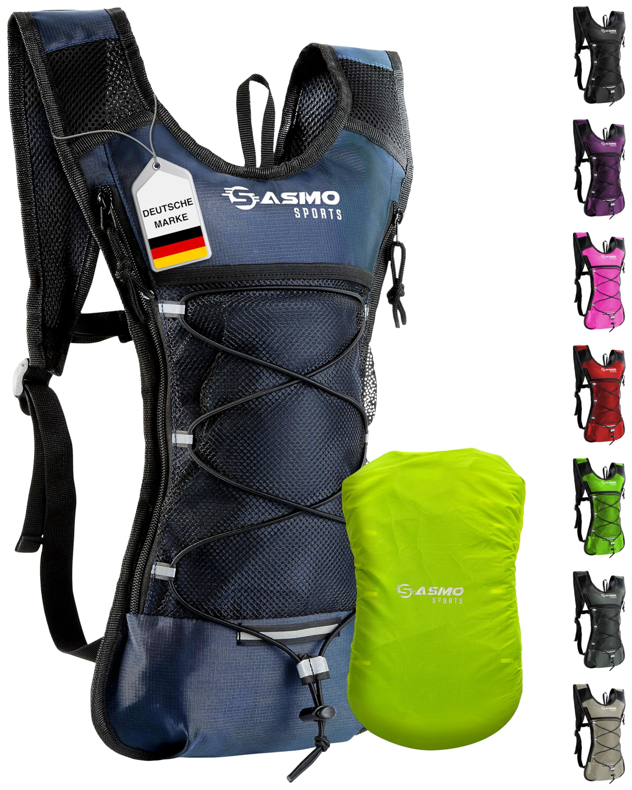 SASMO® Laufrucksack 6L (Blau) mit Thermofach | Lauf Rucksack - Ultraleicht 300g | Laufrucksack Damen & Herren | Running Backpack inklusive Regenschutz & Reflektoren