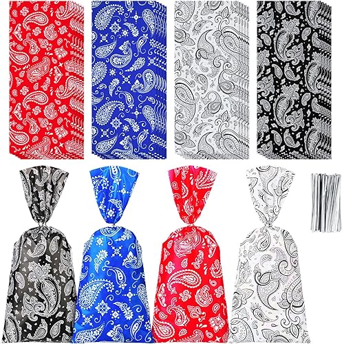 Yeaqee 100 bolsas de golosinas del oeste, bandana de caramelo de vaquero, celofán, bolsas de regalo con lazos, decoraciones para fiestas de