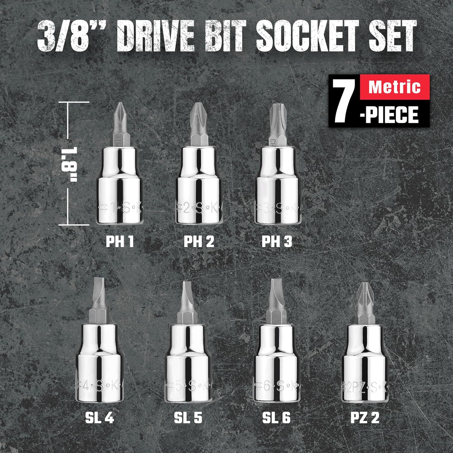 SK Tools USA Screwdriver Bit Socket Set, 7-Piece, 3/8" Drive, SuperKrome Finish, S2 Alloy Steel Bits, with Storage Rail, Slotted Phillips and Pozidriv