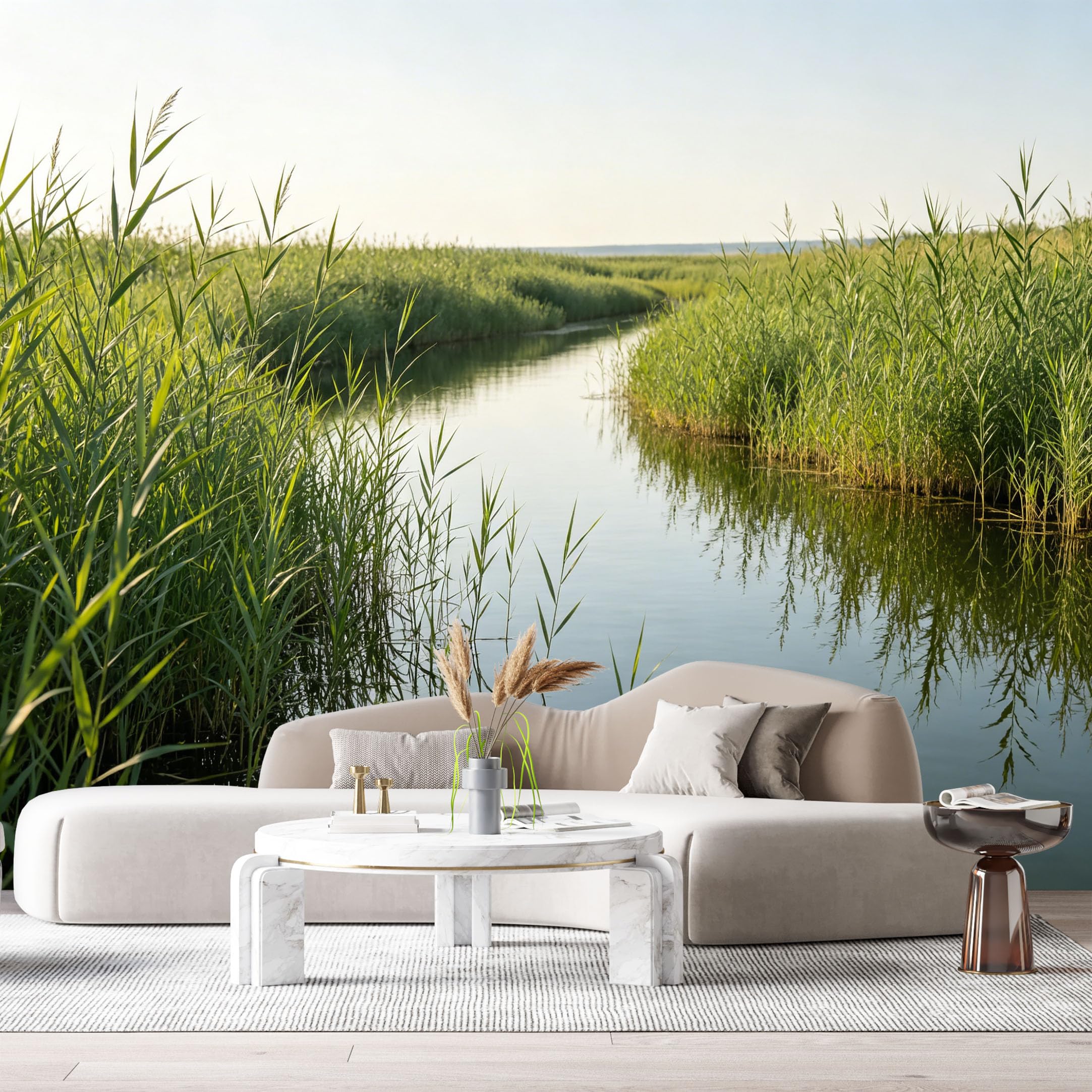 Custom Size Wall Murals Calm River Landscape Botanical Reeds Reflection Water Shore SelfAdhesive Wall Fabric Removable Large Wallpaper for Photo Living Room