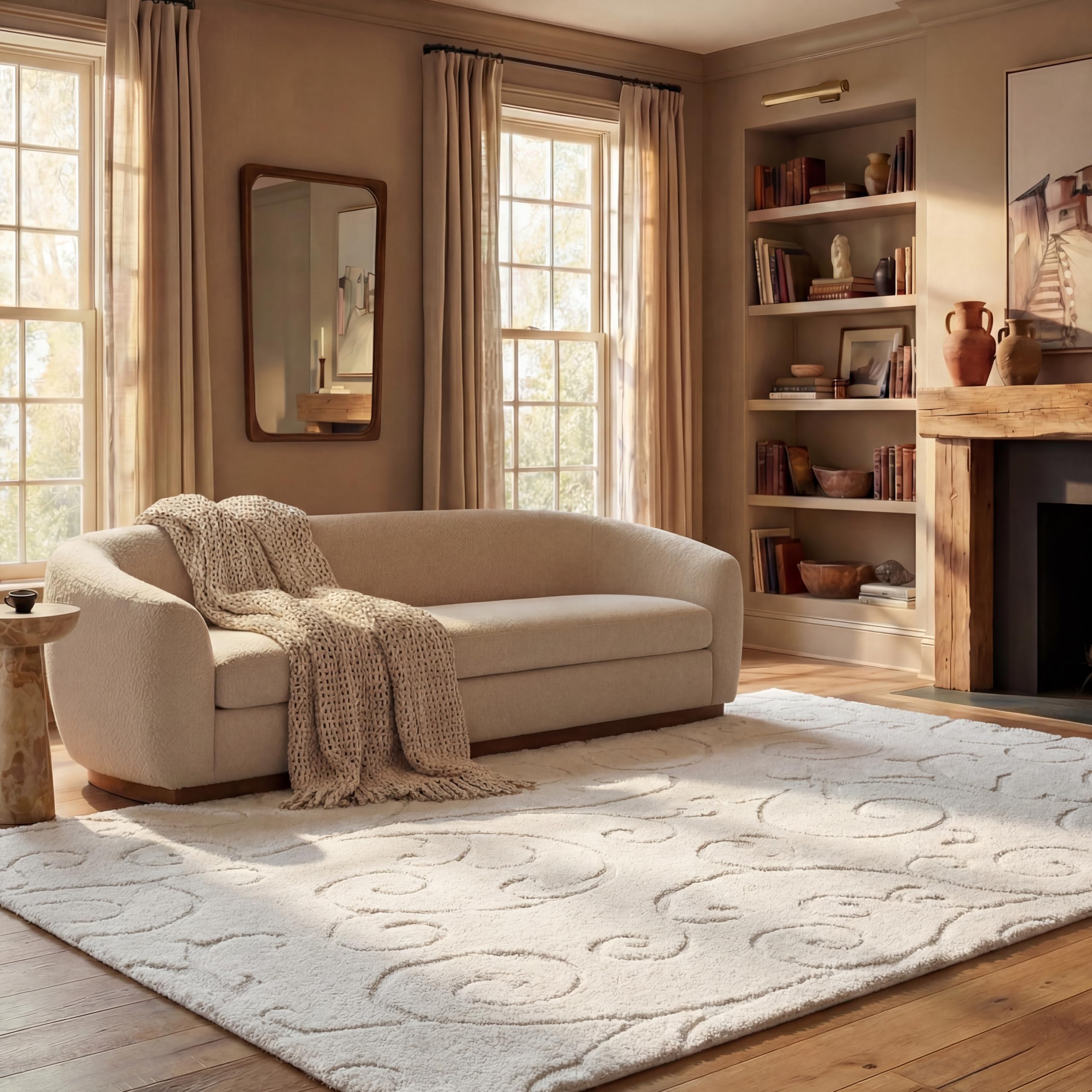 SAFAVIEH Area Rug 9x12 - Florida Shag Collection - Large - Cream & Cream, Scroll Design, Non-Shedding & Easy to Clean, High-Low Plush Pile, Ideal for