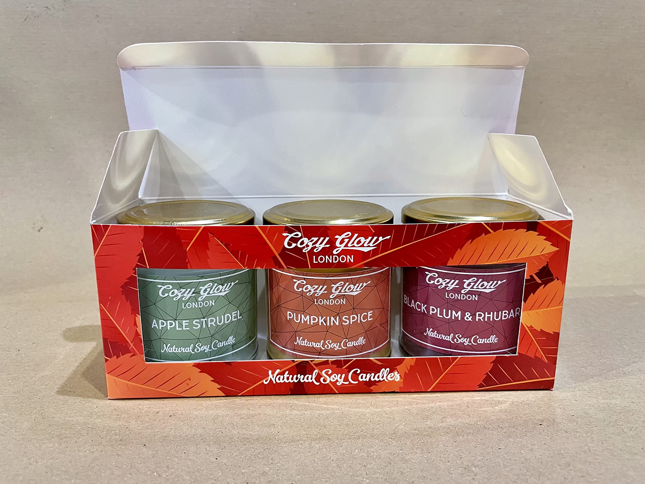 Cozy Glow Halloween-Soja-Kerzen, Trio, Kürbis-Gewürz, Apfelstrudel, schwarze Pflaume und Rhabarber.