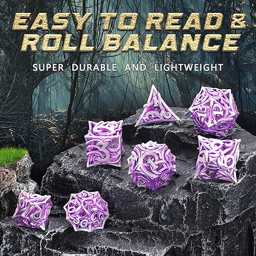 Miniatura 10 de FONVGOGO DND - Juego de dados de metal para Calabozos y Dragones, dados huecos 3D Cthulhu D&D, dados poliédricos morados, dados poliédricos para RPG
