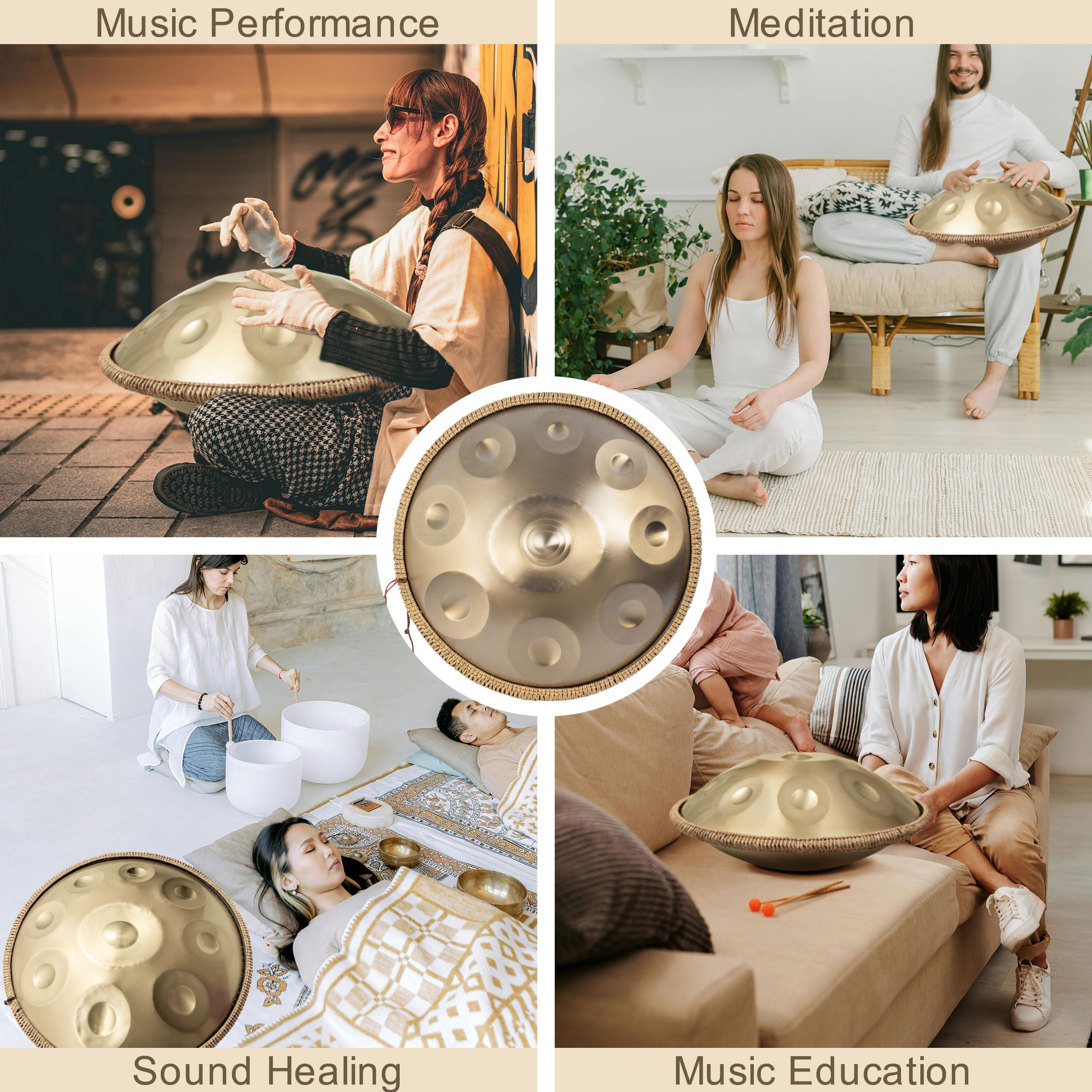 Handpan 432 HZ Avanzato/Principiante, Hand Pan 9 Note 19 Pollici, Tamburo-Acciaio in D Minore, Tamburo a Mano con Borsa per Trasporto e Supporto, Steel Drum per Sound Healing, Meditazione, Oro