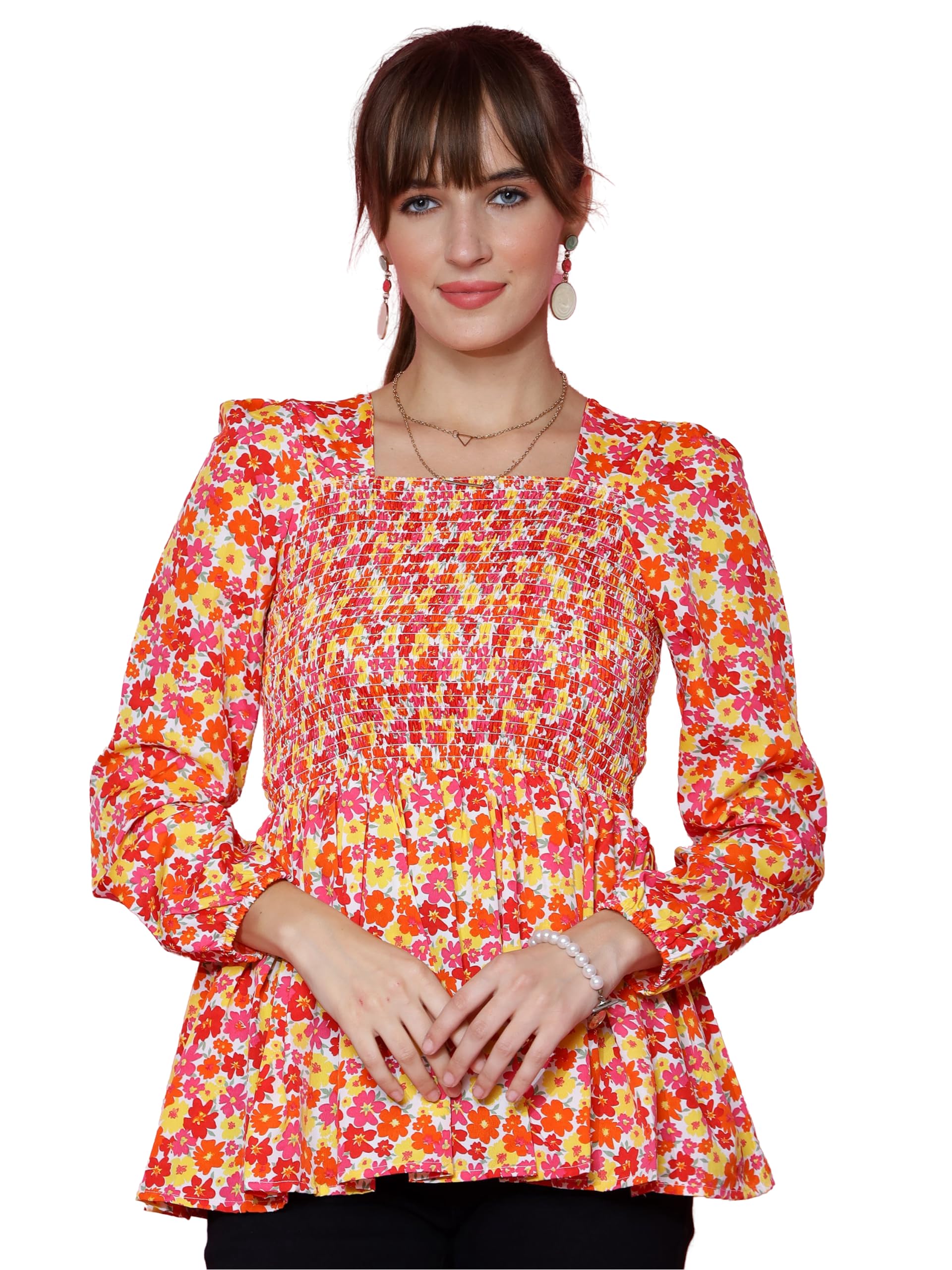 sheetal associates Women's Casual Puff Sleeves Graphic Print Peplum Top-picture-39