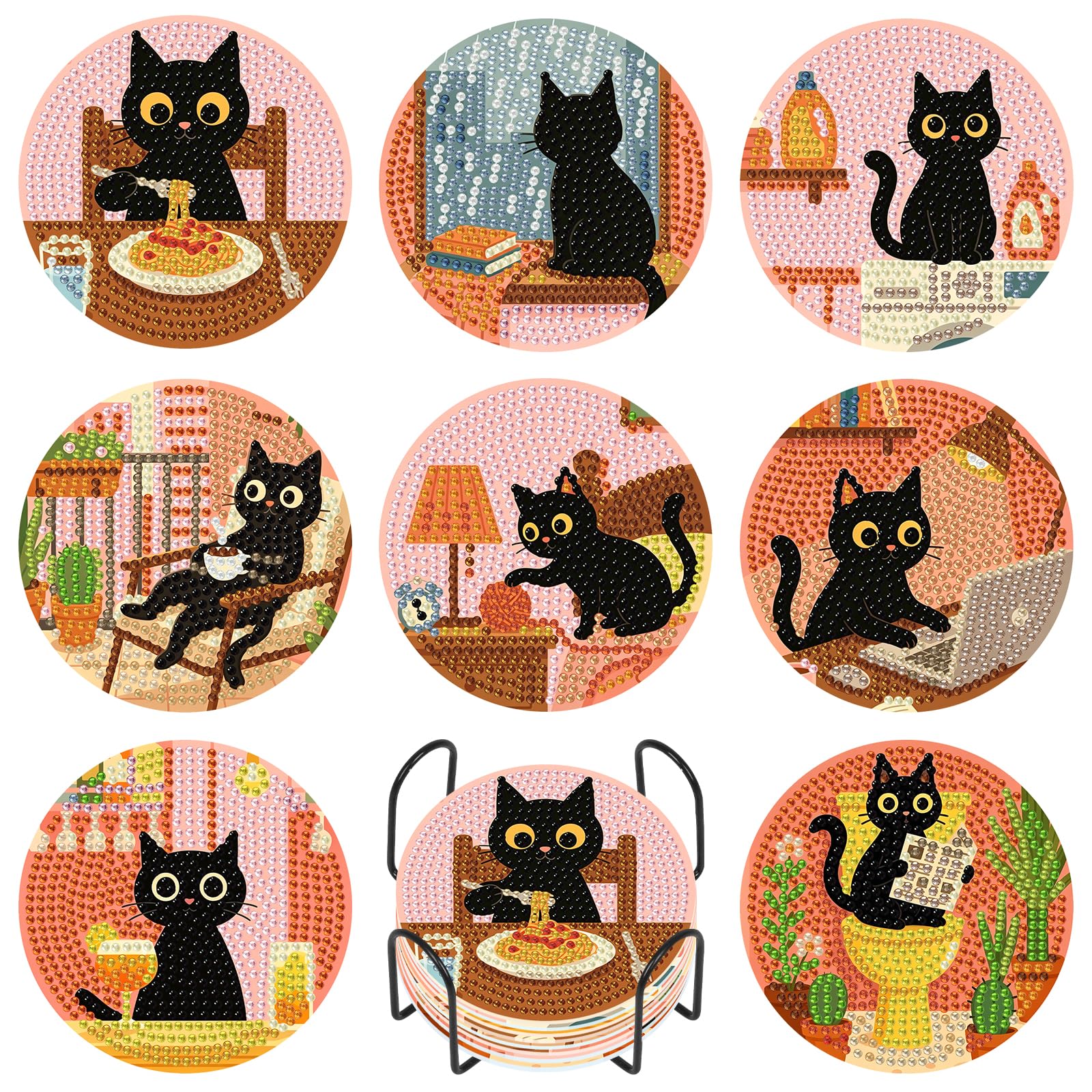 8 Pack Black Cat Diamond Art Coasters Set with Holder and Cork Backing