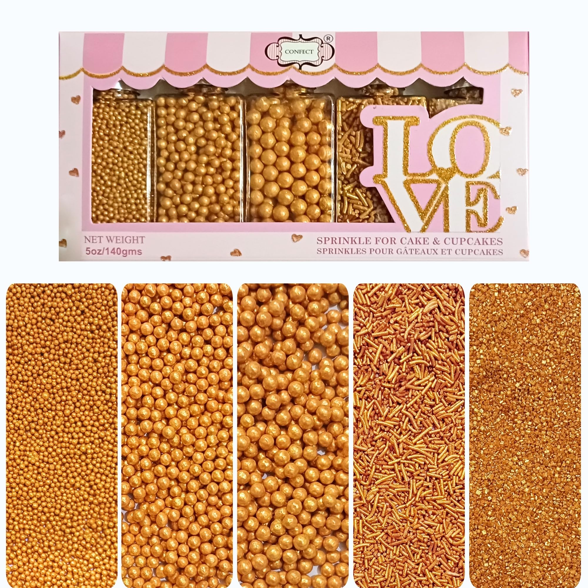 Gold Sprinkles – Assorted 5-Pack for Cake & Cupcake Decoration, Golden Dragees, Jimmies & Sparkling Sugar for Christmas & Birthday Parties | Vegan, Gluten-Free, Nut-Free, Soy-Free, Dairy-Free, Palm Oil-Free - 140 Gms