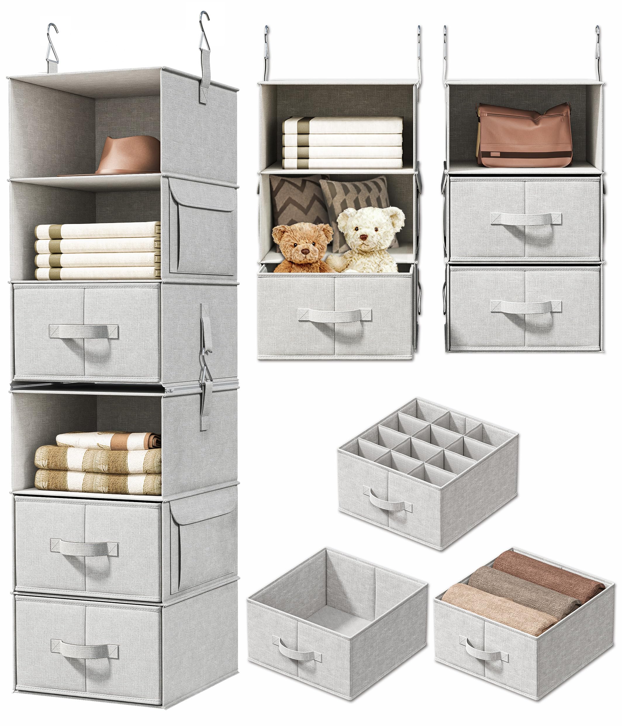 Vailando 6-Shelf Hanging Closet Organizer with 3 Drawers, 2 Separable 3-Shelf Closet Organizers and Storage for Wardrobe Organization, Hanging Dresser for Nursury & Dorm Clothes Organizer