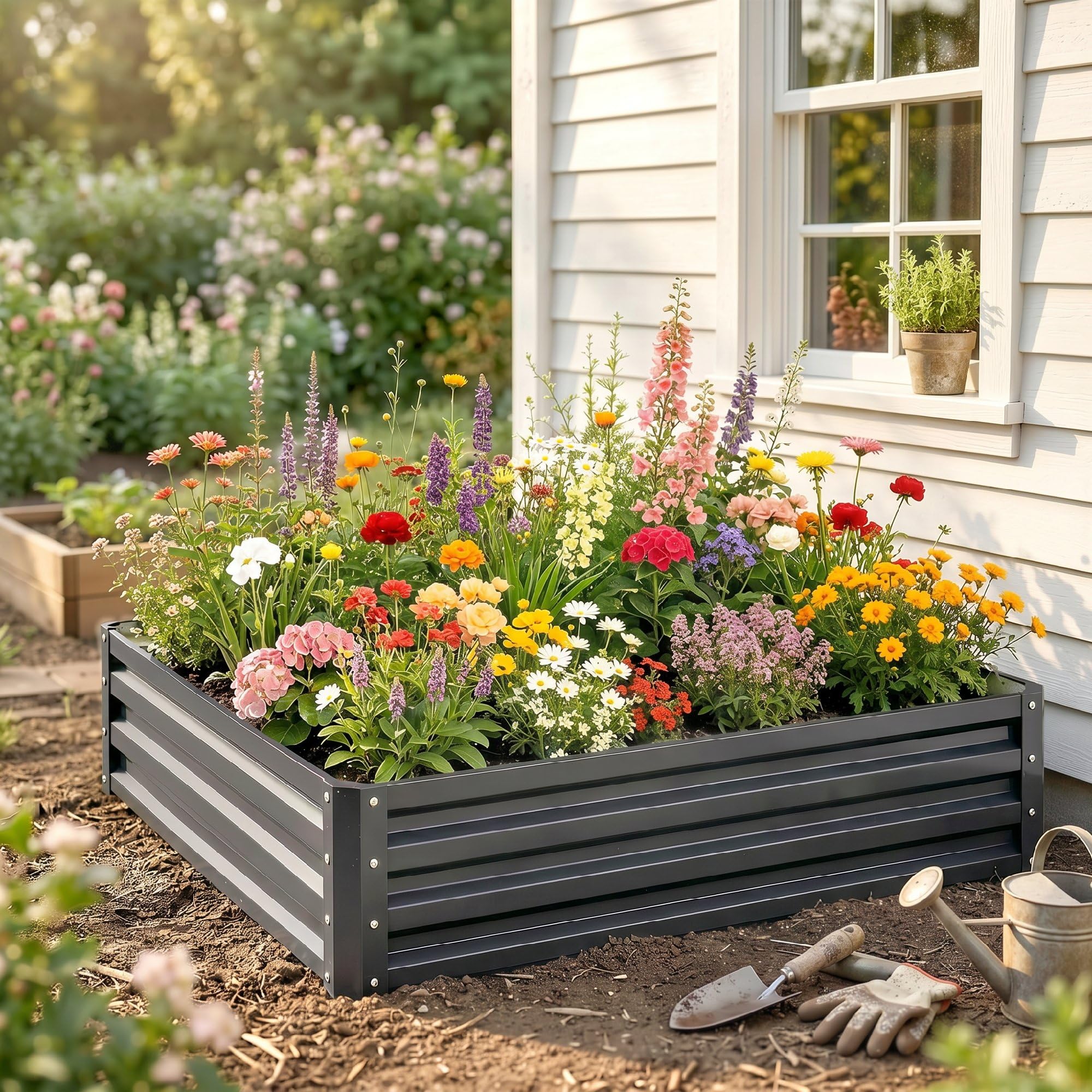 Outsunny Carré Potager de Jardin Potager surélevé, bac Potager en Acier galvanisé, jardinière Exterieur résistant à la Rouille 120x120x30cm, pour légumes, Fleurs et Herbes Jardin, Gris Clair