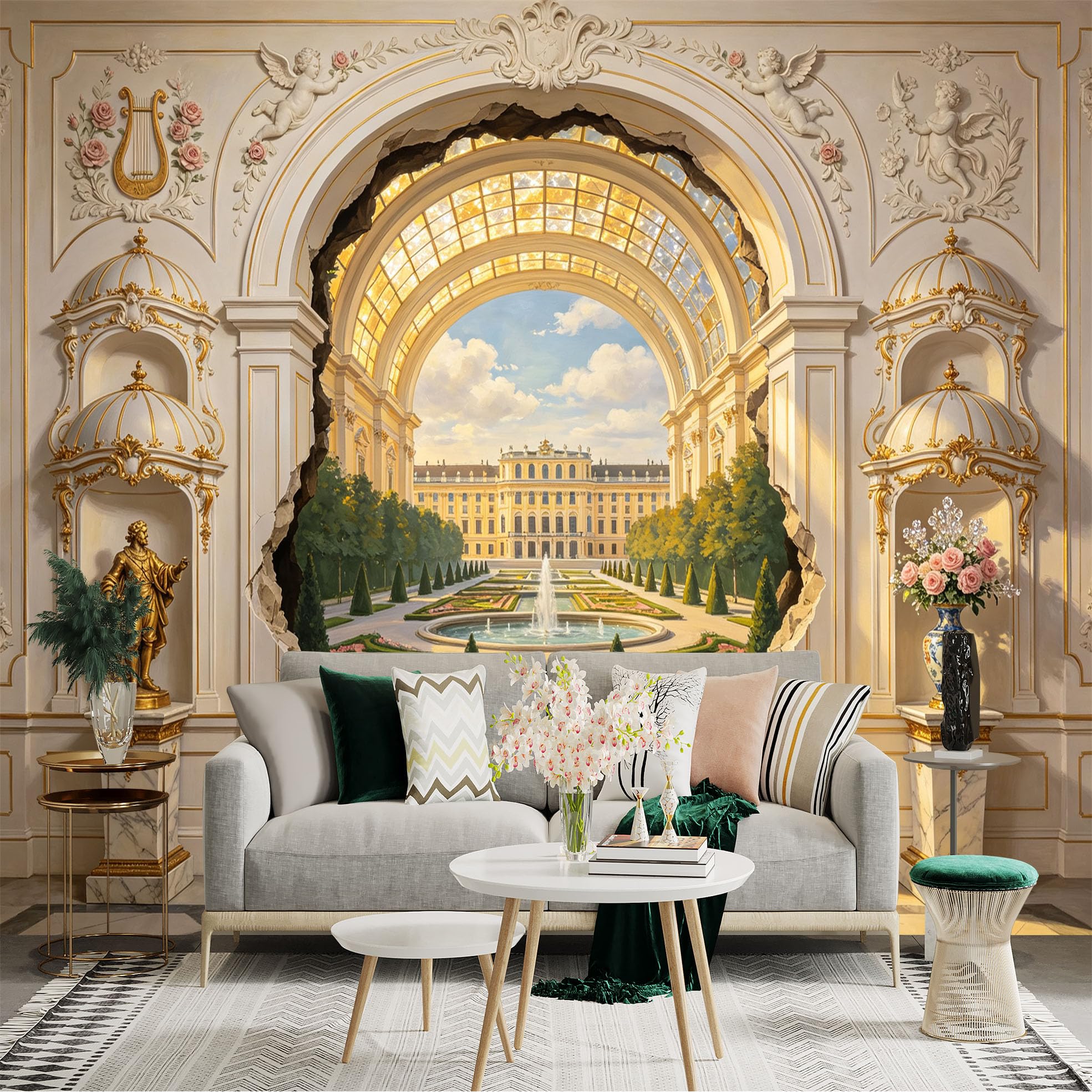 Custom Size Wall Sticker Mural， Palace Garden Archway， Classical Fountain Courtyard， Elegant Floral Interior， for wall Decoration， peelandstick wall Decals.