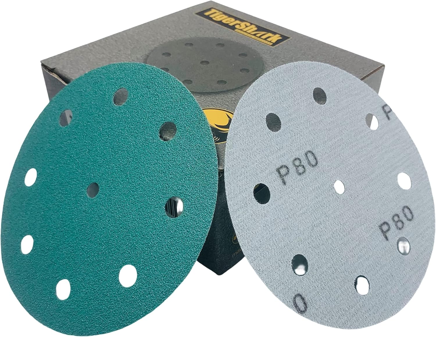 TigerShark 5 Inch Sanding Discs 9 Hole Wet Dry Grit 180 50pcs Pack Special Anti Clog Coating Film Green Line Hook and Loop Dustless Random Orbital Sander Paper