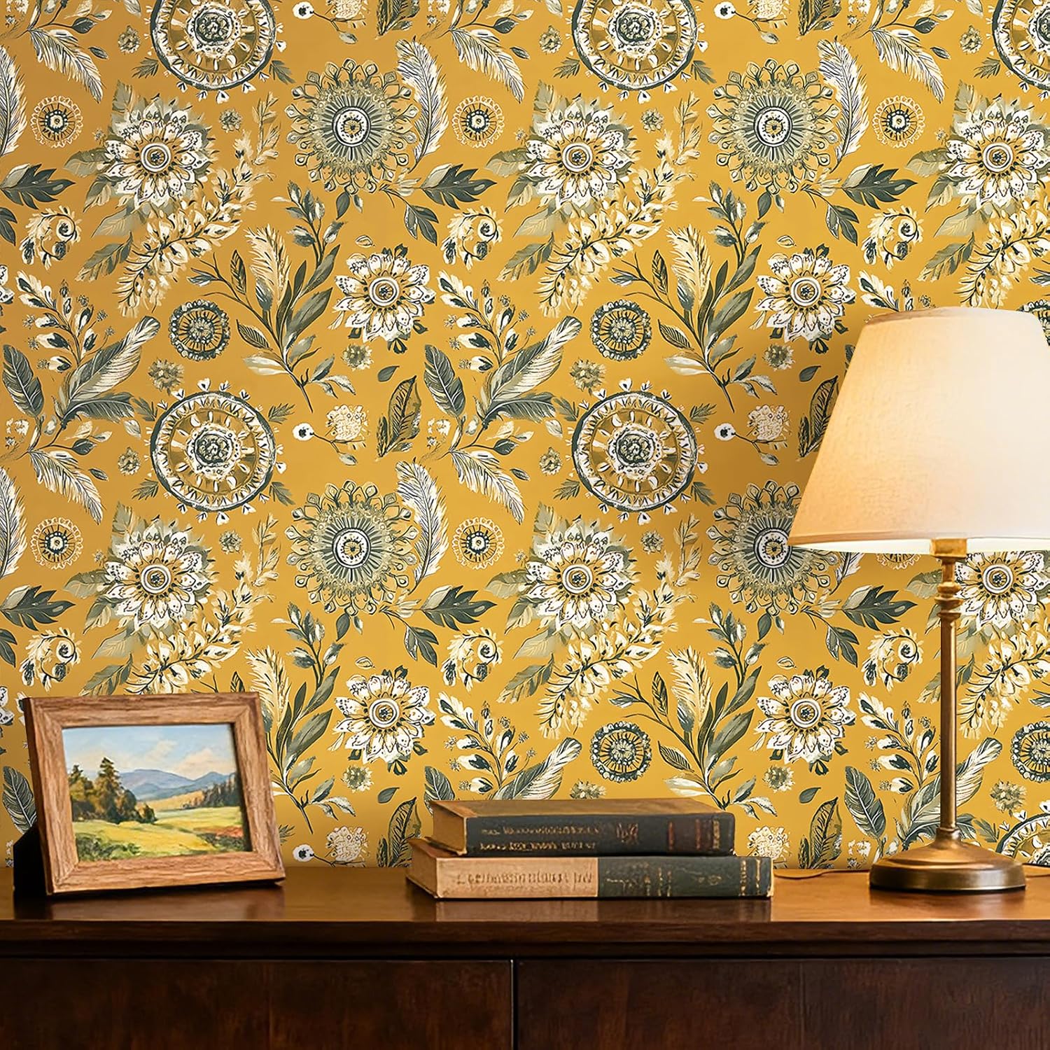 Stickyart Mustard Yellow Boho Floral Wallpaper Peel and Stick Vintage Eclectic Floral Mandala Contact Paper Removable Cottage Core Botanical Wall Paper Decorative for Cabinets Entryway 17.5"x80"