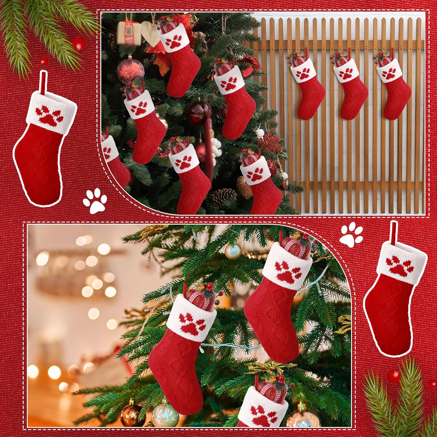 Soulchen 12 Pcs 8.3 Inch Mini Red Christmas Stockings Bulk Pet Paw Pattern Christmas Stocking Xmas Fireplace Hanging Holding Bags for Xmas Winter Family Holiday Party Decor
