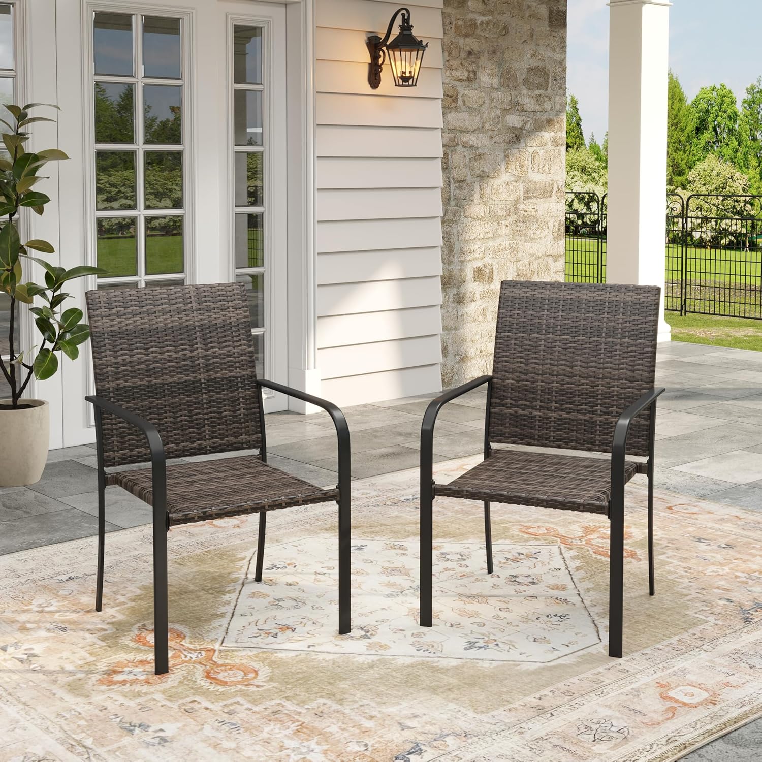 VICLLAX 7 Pieces Outdoor Dining Set, 6 Stakable Wicker Patio Chairs and 47" Patio Round Metal Table with Umbrella Hole for Backyard Lawn Garden, Black Tabletop