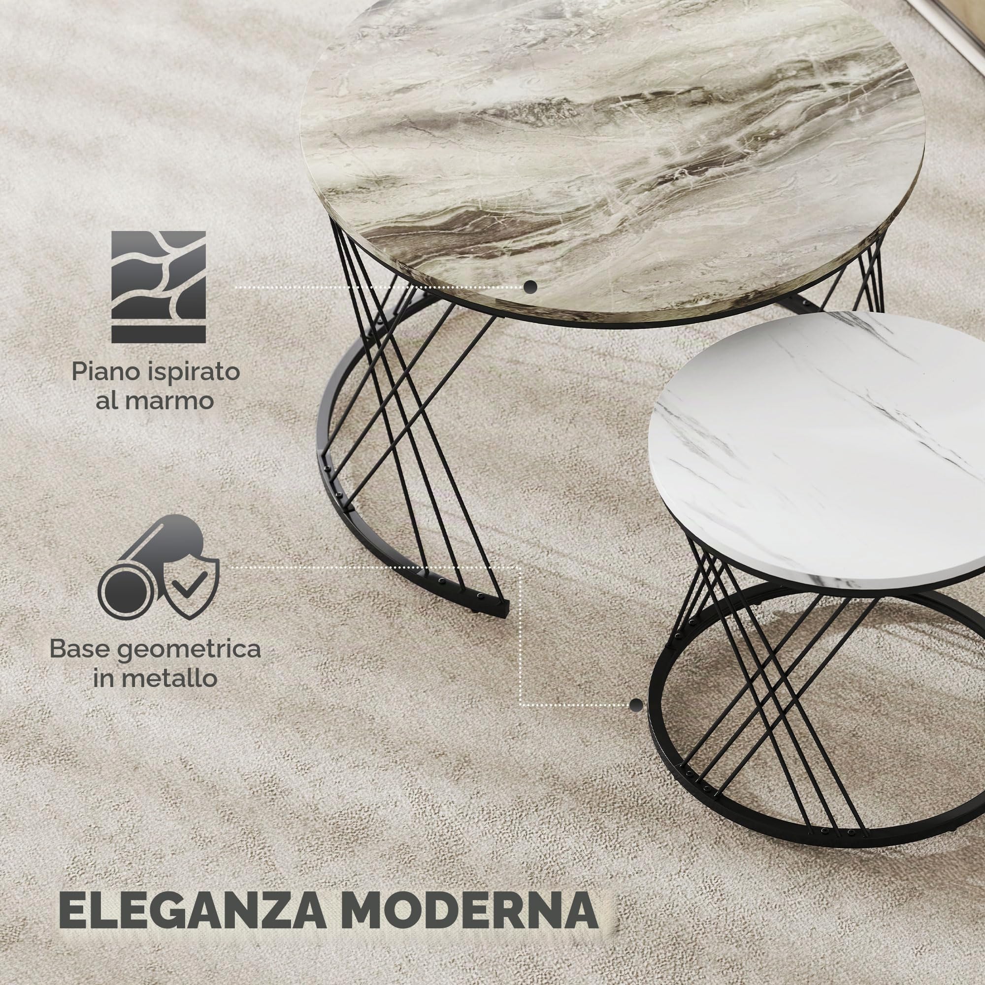 HOMCOM Set di 2 tavolini tondi nidificati Ø70/44,5cm grigio bianco | Tavolini nidificati, piano effetto marmo, gambe in metallo, stile moderno, per piccoli spazi, camera da letto