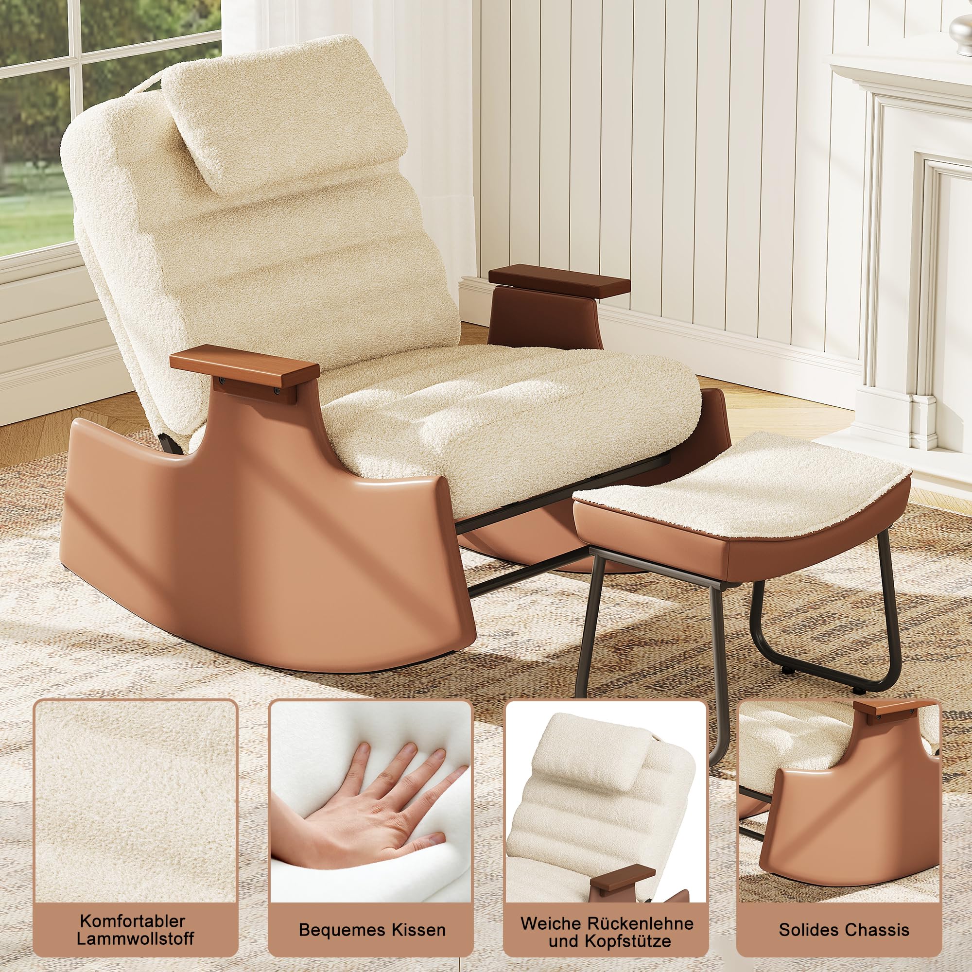 Silla mecedora con reposapiés, silla de relax para sala de estar con reposabrazos de hierro y respaldo ajustable, mecedora con reposapiés, silla silenciosa para dormitorio, jardín, terraza (Bigh-B)