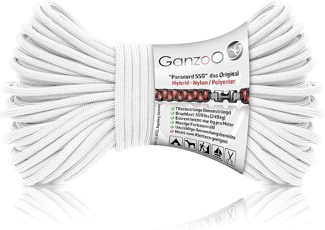 Ganzoo Paracord 550 linka hybrydowa do bransoletek, smycz, obroży, nylonu/poliestru, nowa wersja, 30 metrów (Snow)