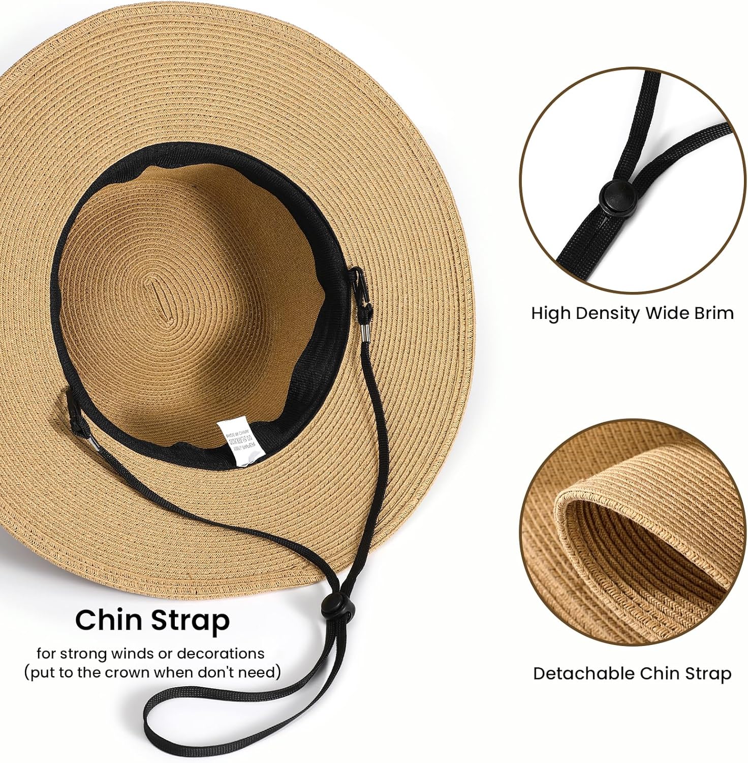 Beach Sun Straw Hats for Women, UPF 50+ UV Sun Protection Wide Brim Summer Straw Hat Foldable Packable Roll up Cap Khaki - Image 5