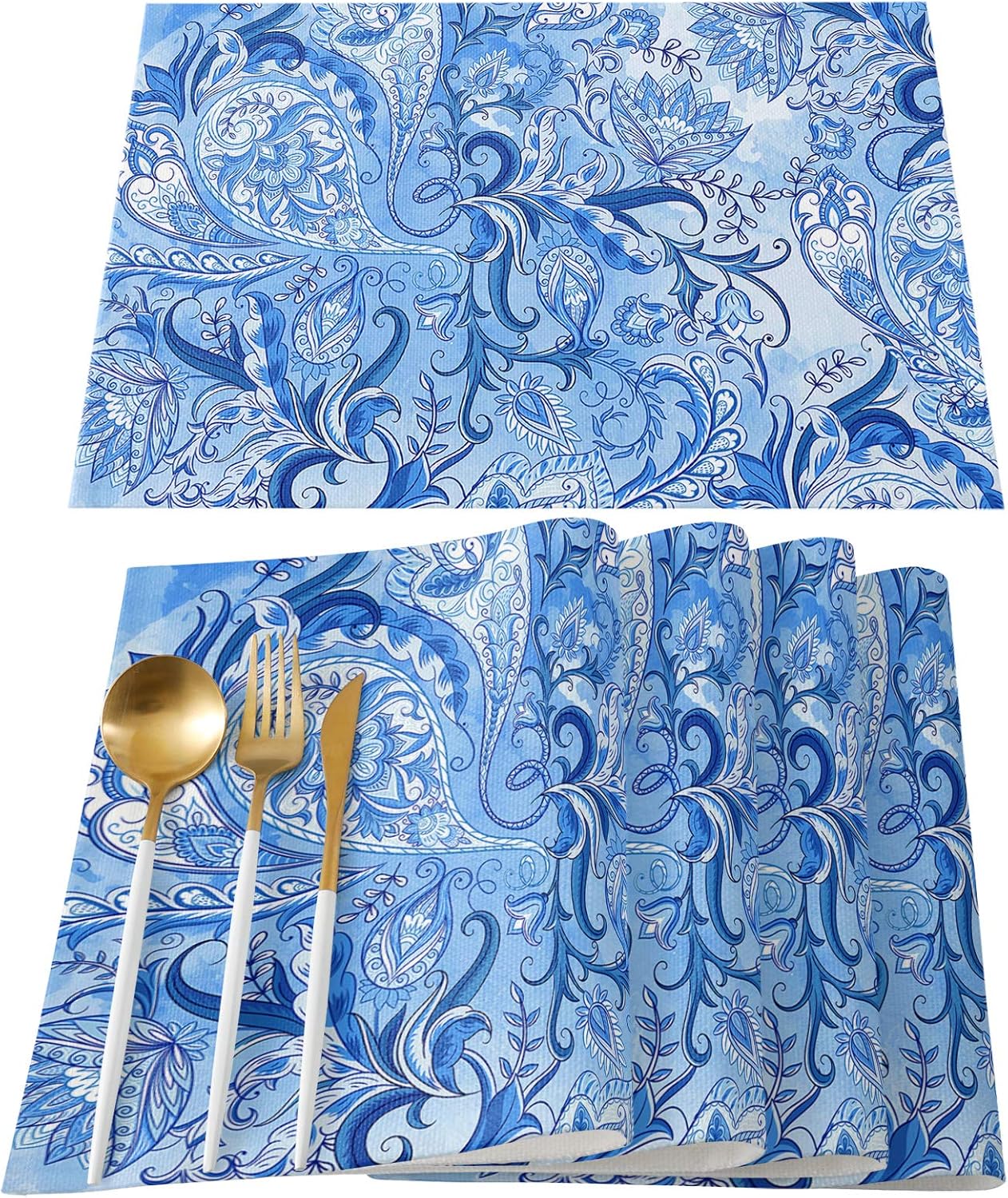Fandim Fly Placemats Dining Room Table Mats Set of 4 Blue and White Porcelain
