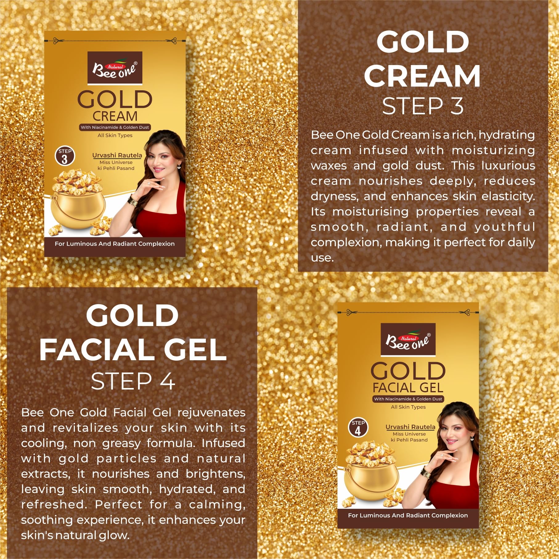 Bee One Gold Facial Kit 26g (Pack of 2) | Facial Kit for Glowing Skin for Women | With Niacinamide & Golden Dust | Radiant & Youthful Glow | Helps Reduce Pigmentation & Acne | Suitable for All Skin Types 2