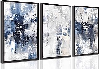3 Pcs Navy Blue Abstract Canvas Wall Art Modern Minimalist Neutral White Blue and Grey Paintings Pictures Wall Decor Poster Print Artwork for Living Room Bedroom Office Home Decora Unframed