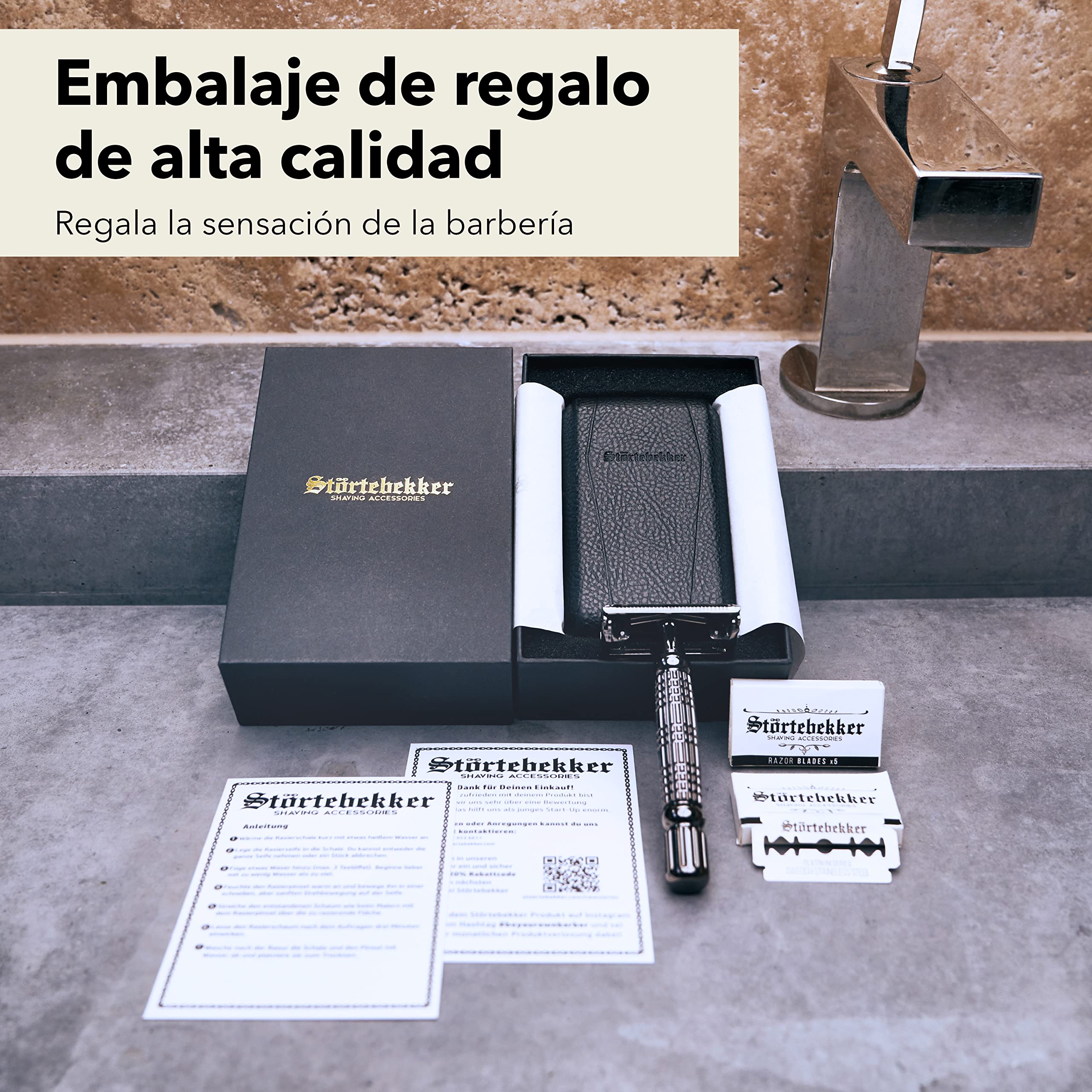 Maquinilla de afeitar clásica en estuche de cuero hecho a mano [+ 10 hojas Störtebekker] - Cuchilla de afeitar de primera calidad - Set de afeitado con espejo integrado (Negro - Negro)