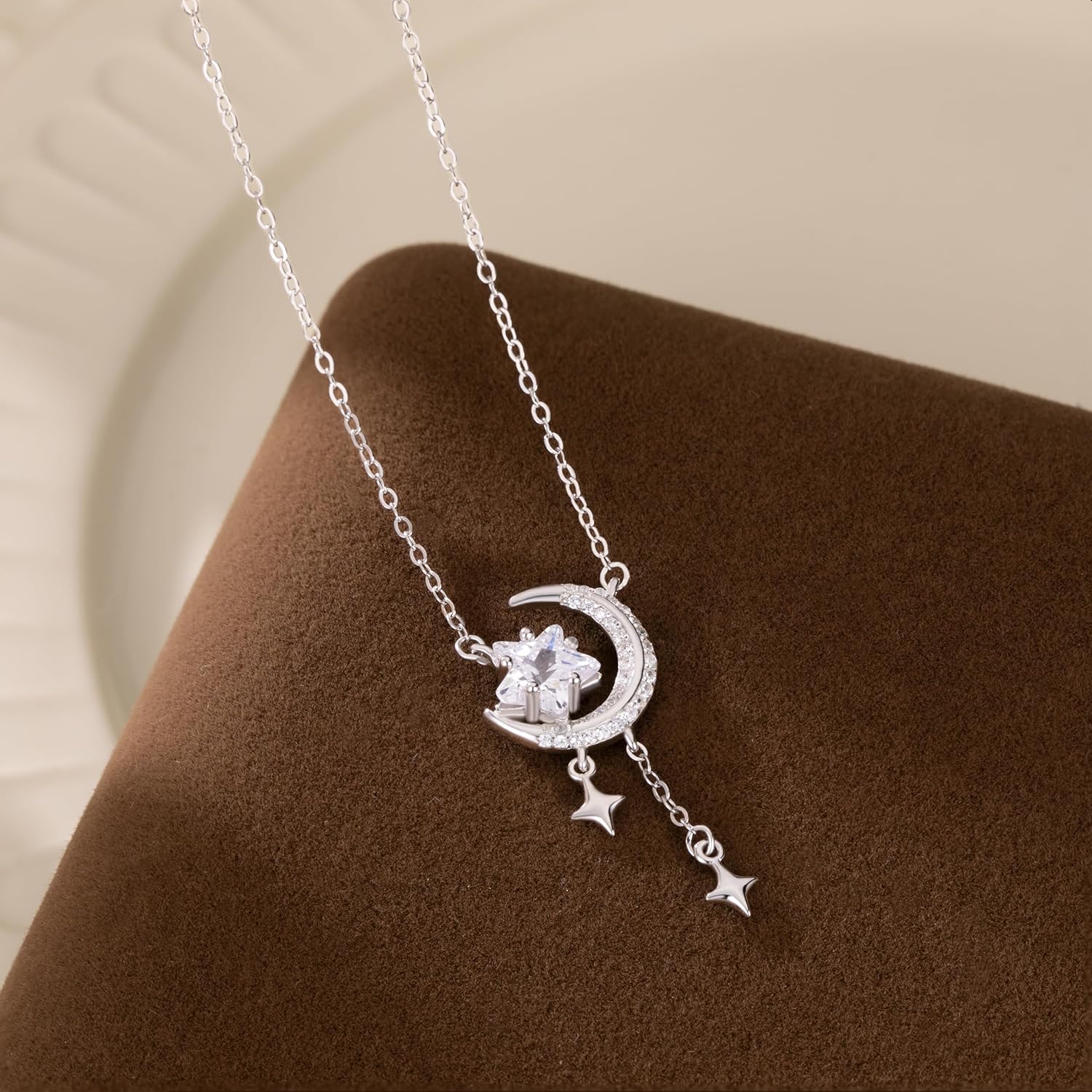 Reffeer Solid 925 Sterling Silver Moon Star Necklace for Women Teen Girls CZ Moon Choker Necklace Dainty Star Pendant Necklace