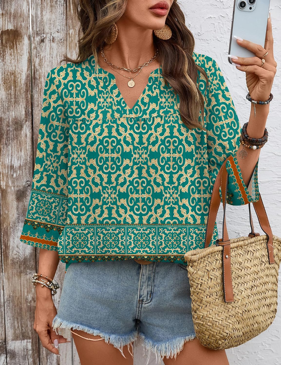 Rapbin Womens 3/4 Sleeve V Neck Boho Pleated Blouses for Women Dressy Casual Loose Fit Tops