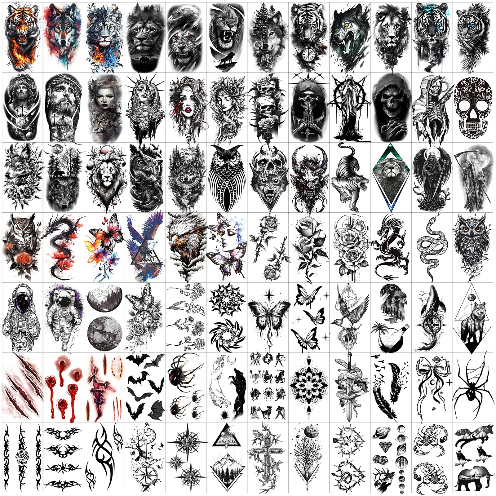 102 Sheets Halloween Tiny Temporary Tattoos Stickers, Fake Tattoos That Look Real And Last Long, Halloween Tattoos Include Black Scary Wolf Lion Tiger Skeleton Skull
