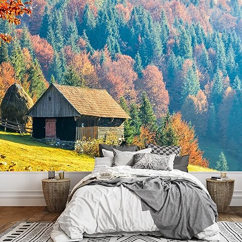 SIGNWIN Adhesivo mural removible para pared, otoño, campo, cabaña, bosque, naturaleza, desierto, fotografía, realismo, paisaje decorativo, colorido,