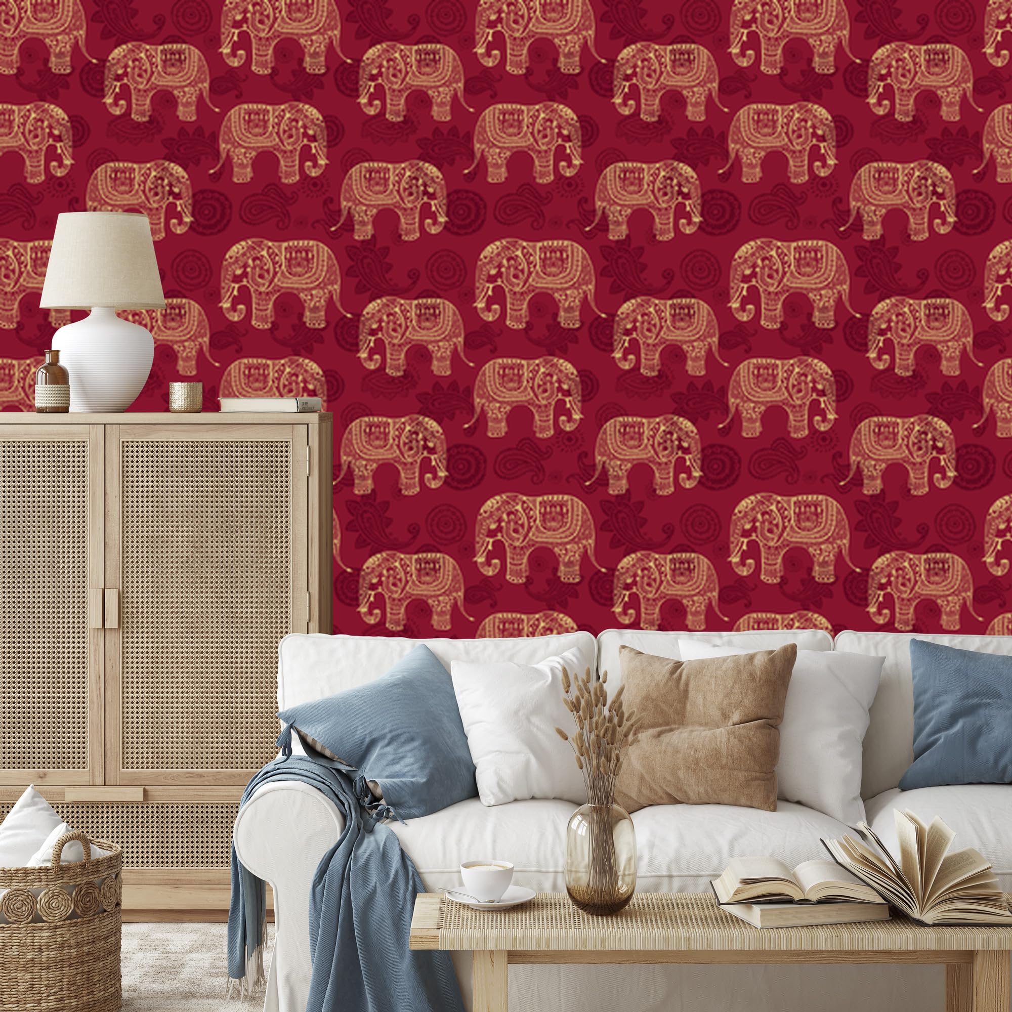 Vliestapete Elefanten im orientalischen Stil 50 x 1000 cm | Ausdrucksstarke Faunadarstellung; Lebendige Naturkulisse; Charaktervoller Zimmerschmuck; Kleister im Set