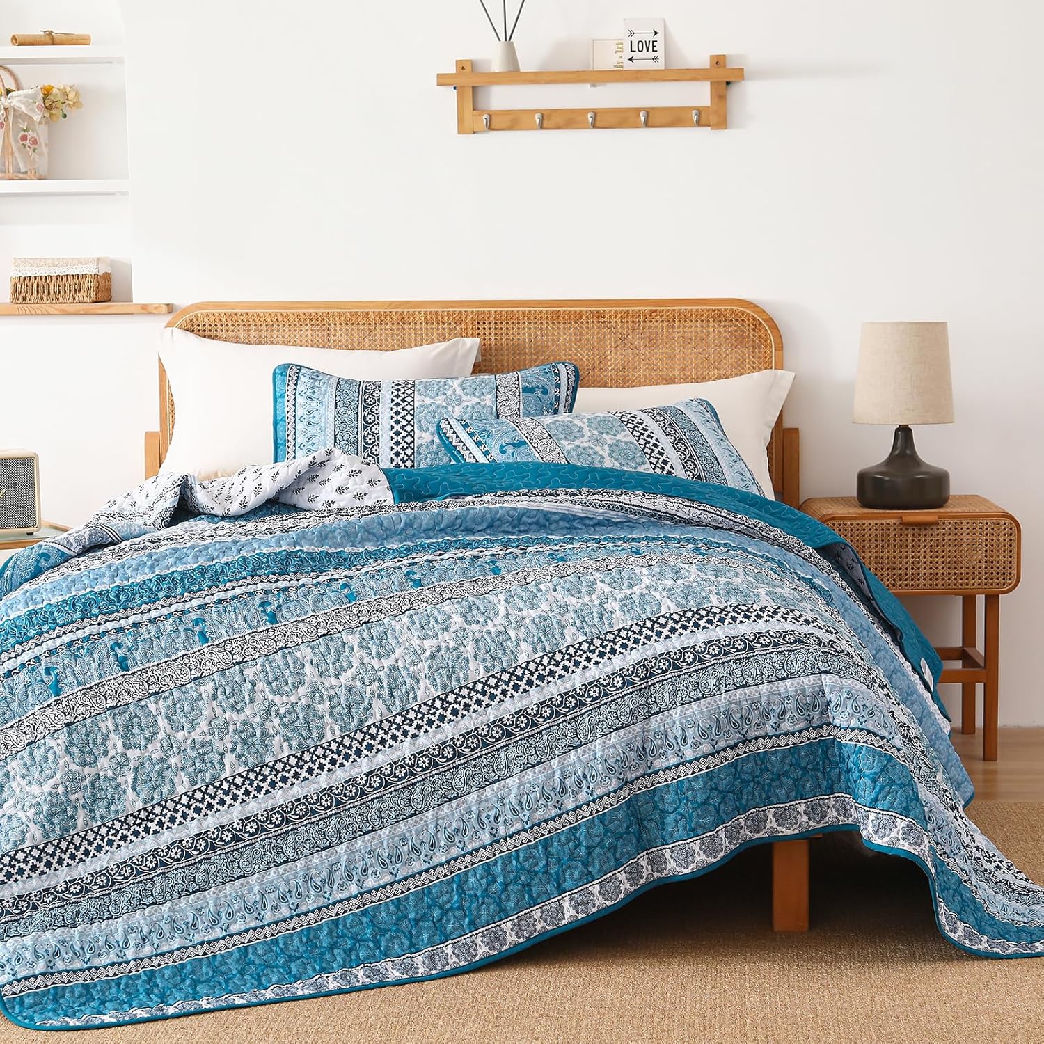 WONGS BEDDING Boho Quilt Set Queen Size, Teal Blue Bohemian 3 Pieces Quilt Sets, Lightweight Bedspread Coverlet Bedding Set for All Season (96"x90") - Image 5