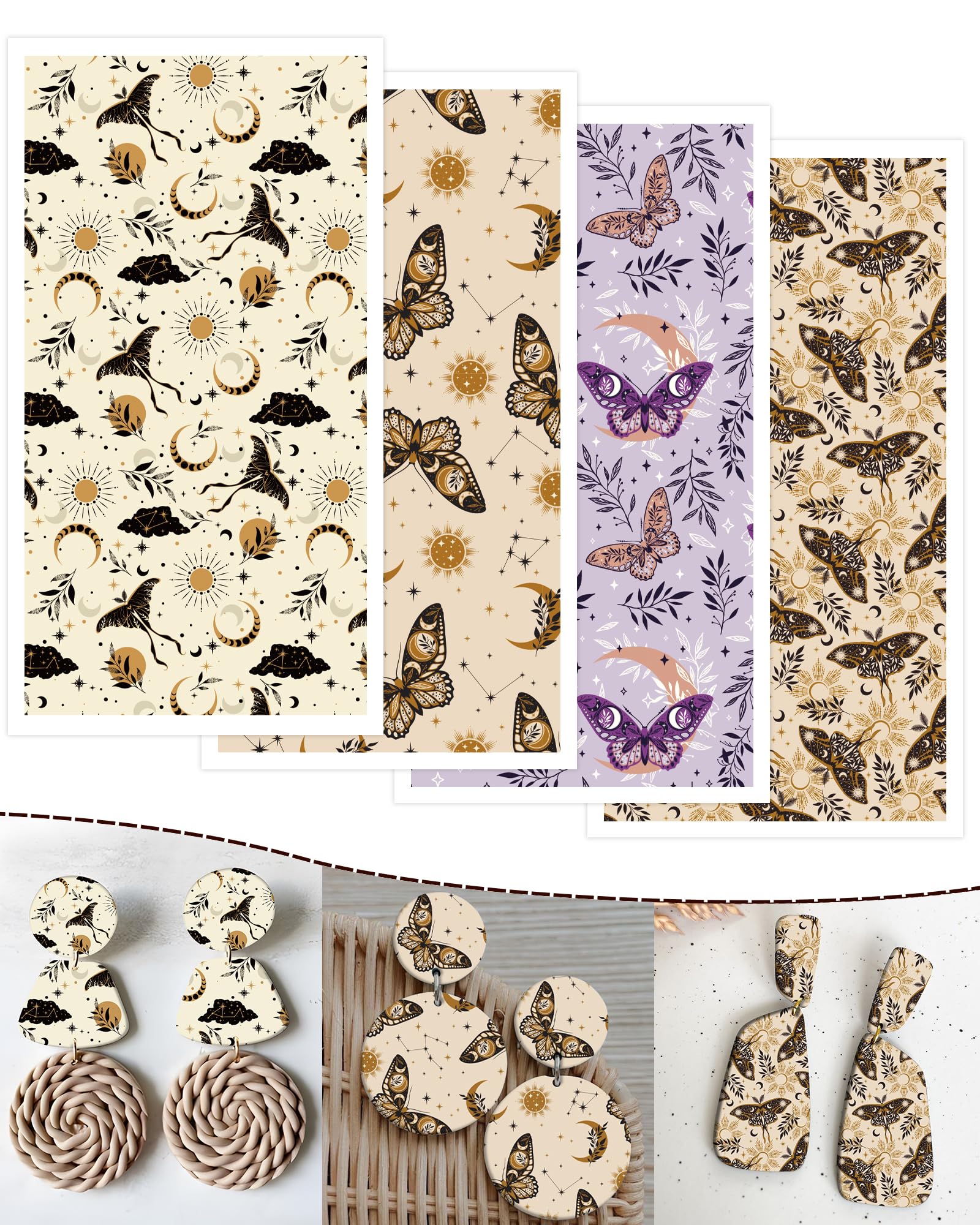 Puocaon Polymer Clay Transfer Paper - Mystic Moth Transfer Paper for Polymer Clay, Boho Celestial Moth Polymer Clay Transfer Sheets, Butterfly Water Transfer Paper for Polymer Clay Earrings (20 pcs)