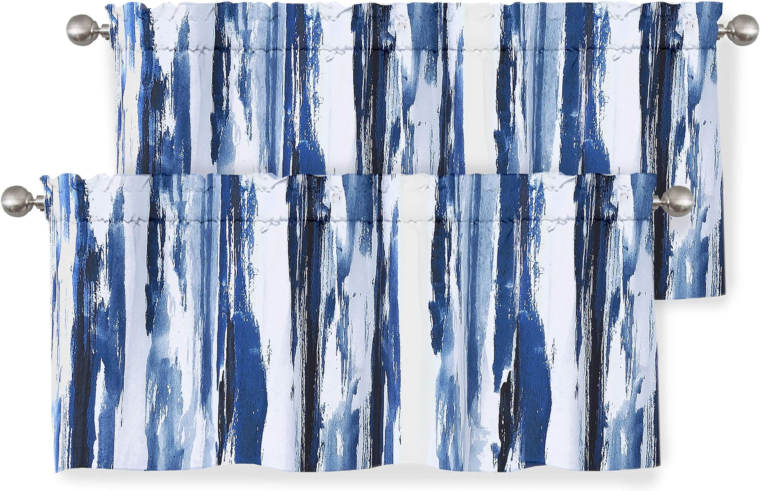 DriftAwayPaint Brush Watercolor Lined Thermal Insulated Blackout Window Curtain Valance Rod Pocket Navy Blue White Ink Stripe Pattern 2 Layers 52 Inch by 18 Inch Plus 2 Inch Header 2 Pack