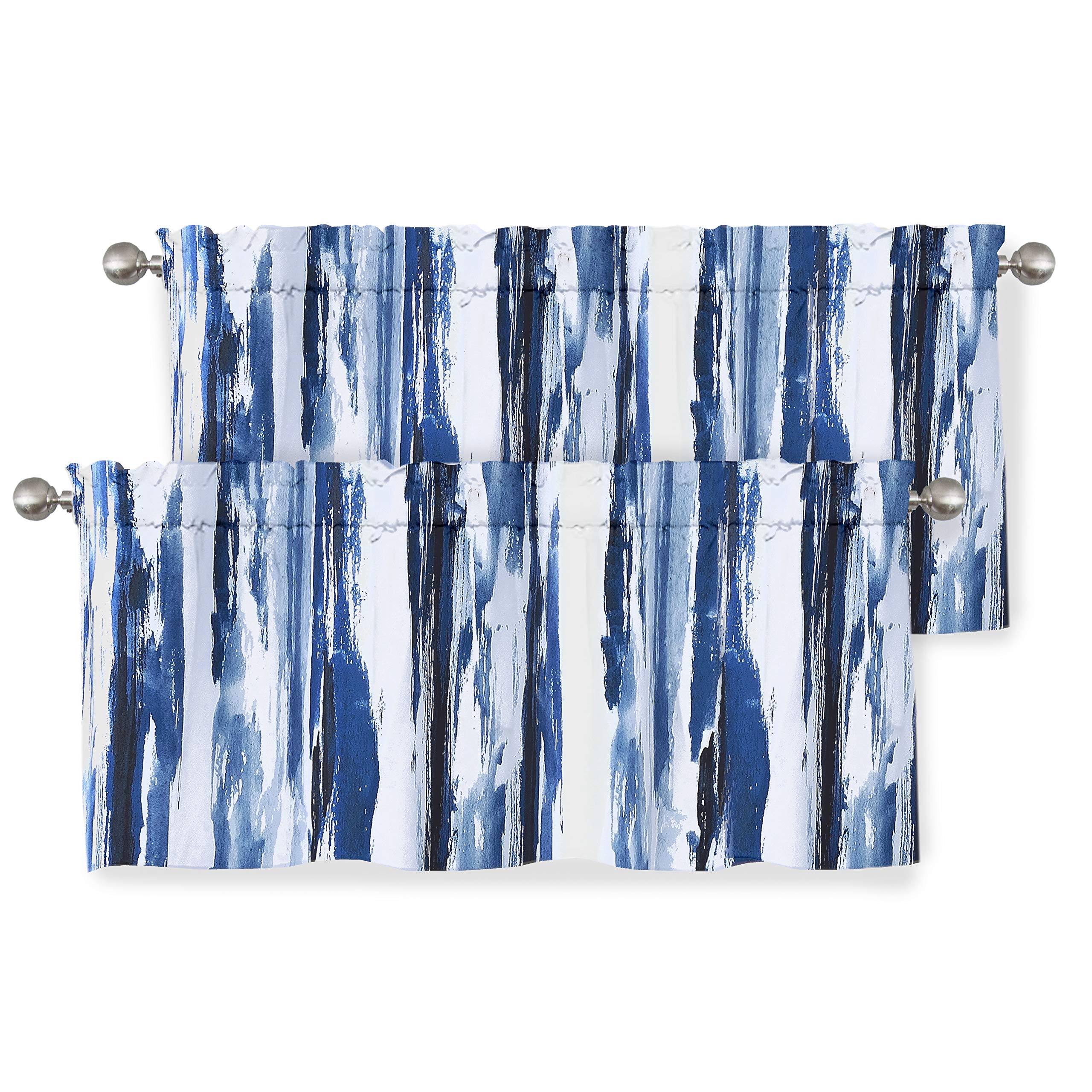 DriftAwayPaint Brush Watercolor Lined Thermal Insulated Blackout Window Curtain Valance Rod Pocket Navy Blue White Ink Stripe Pattern 2 Layers 52 Inch by 18 Inch Plus 2 Inch Header 2 Pack